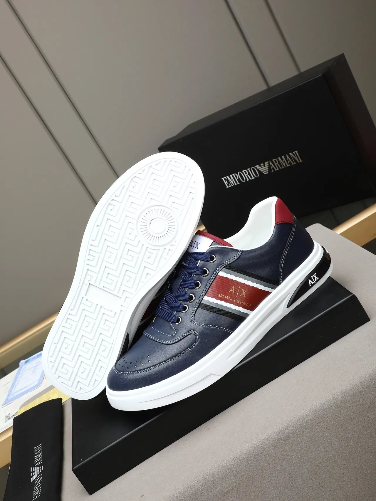 Armani Exchange Navy and Red Side Stripe Leather Sneaker