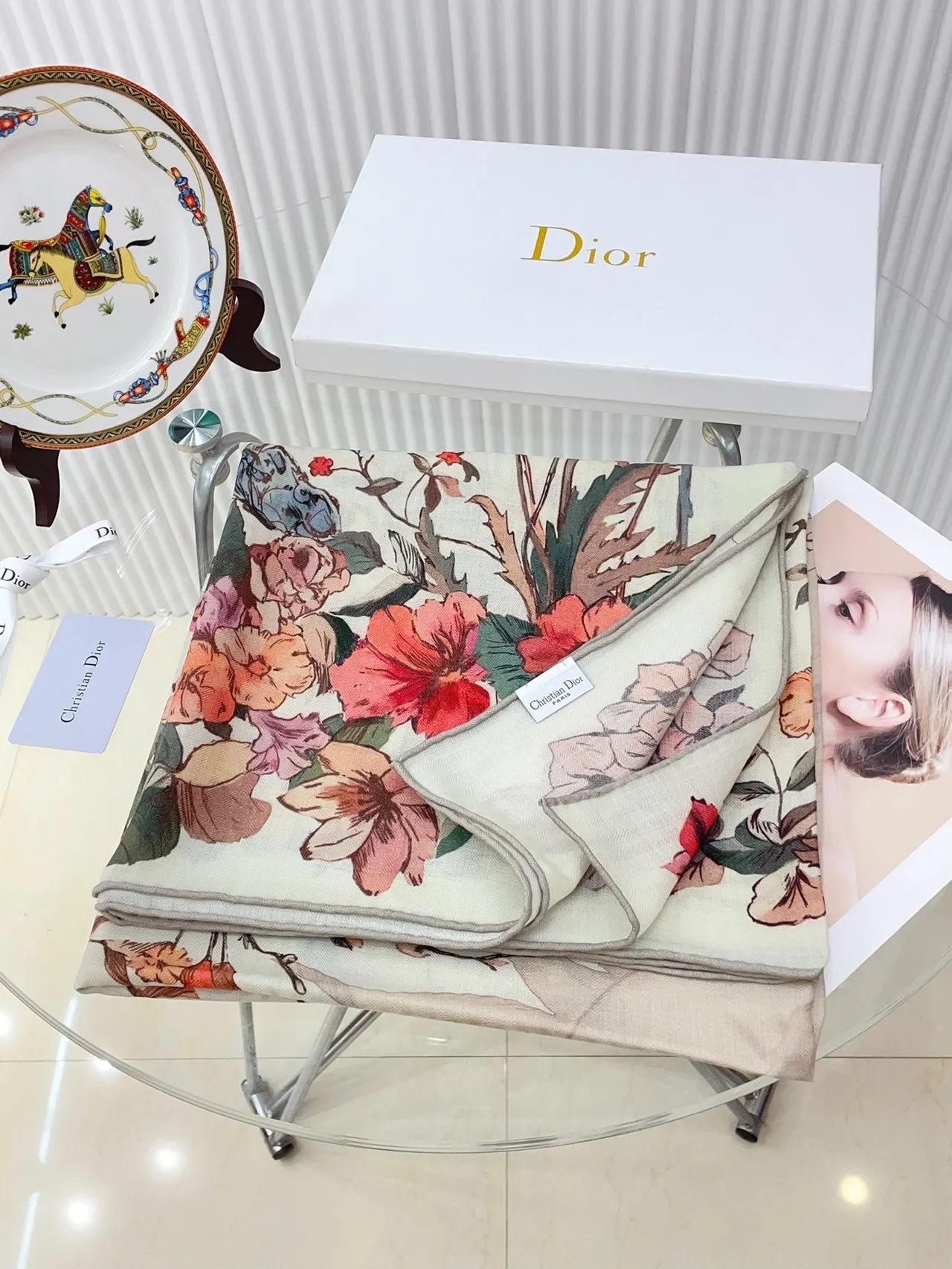 Dior Floral-Print Cream Silk Scarf
