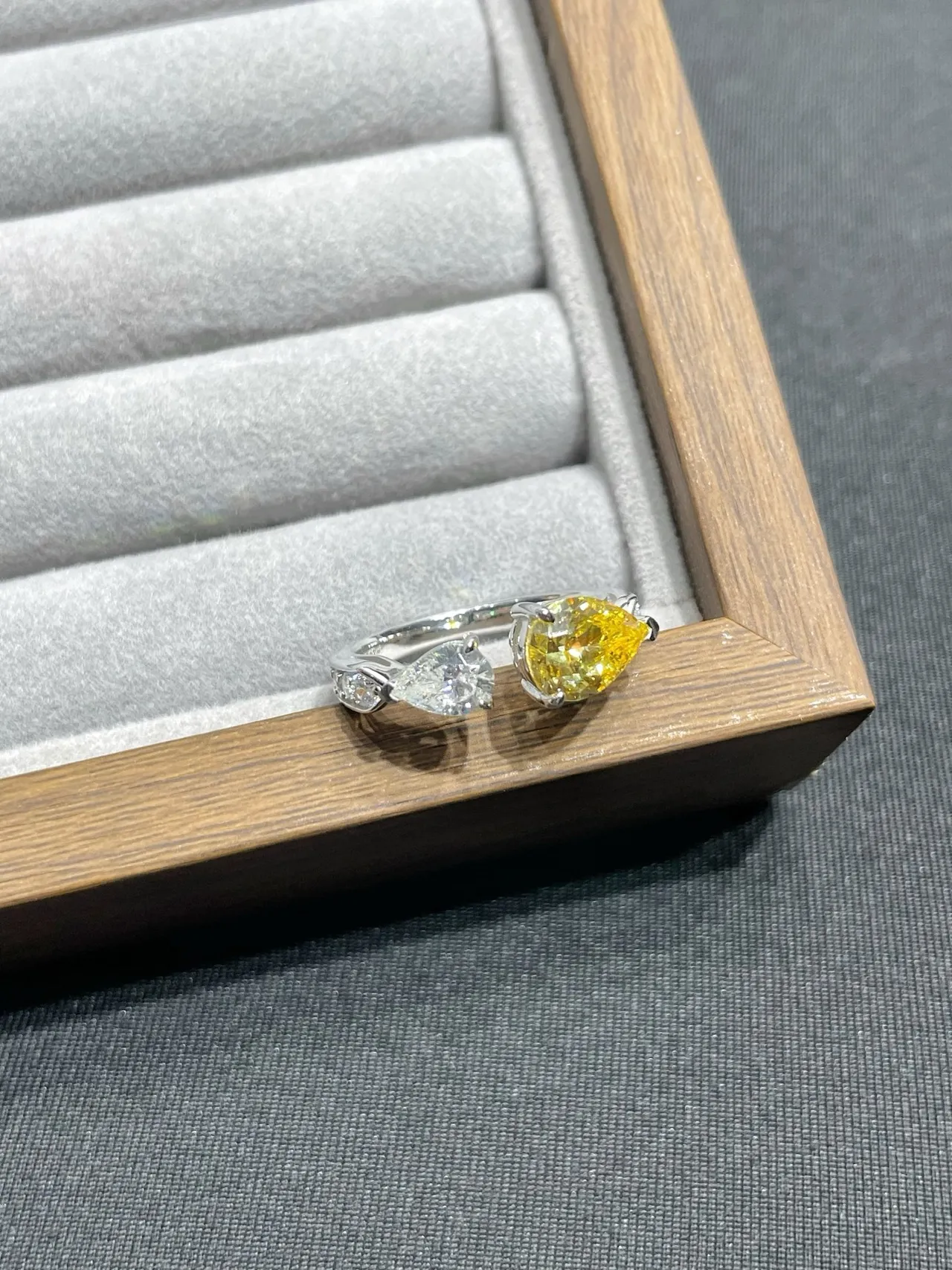 Yellow and Clear Pear-Cut Dual-Stone Asymmetrical Rings