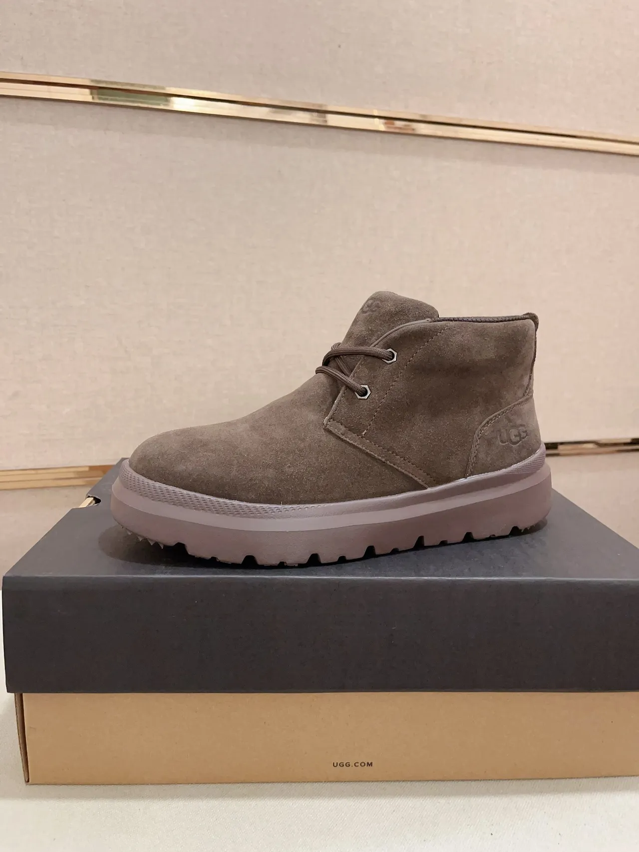 UGG Brown Gray Suede Upper Chunky Platform Sole Ankle Boots