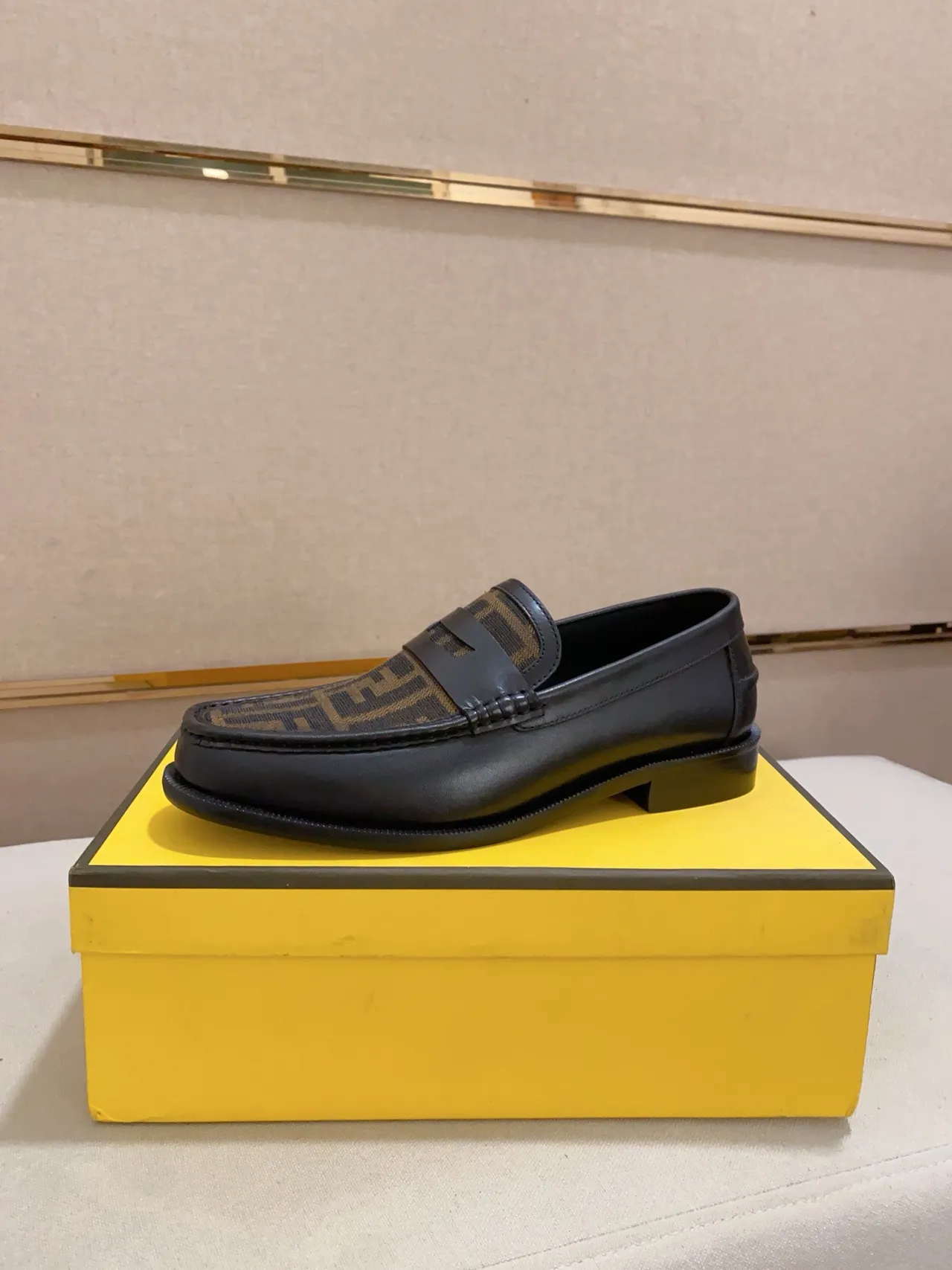 Fendi FF Logo Loafer Black Brown Monogram Canvas Vamp Leather Upper Loafer