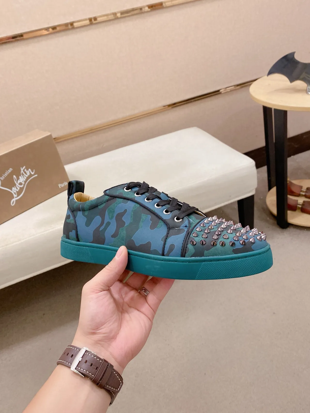 Christian Louboutin Camouflage Spike-Toe Low-Top Sneaker