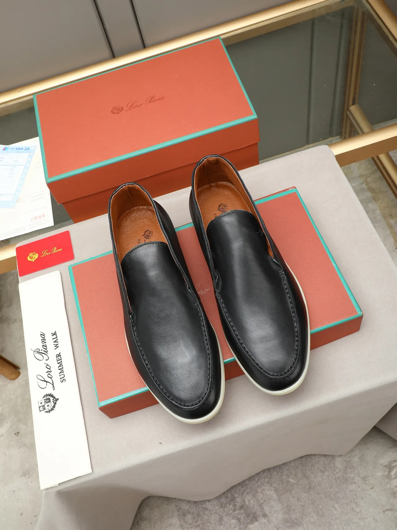 Loro Piana Summer Walk Black Leather Slip-On Loafers