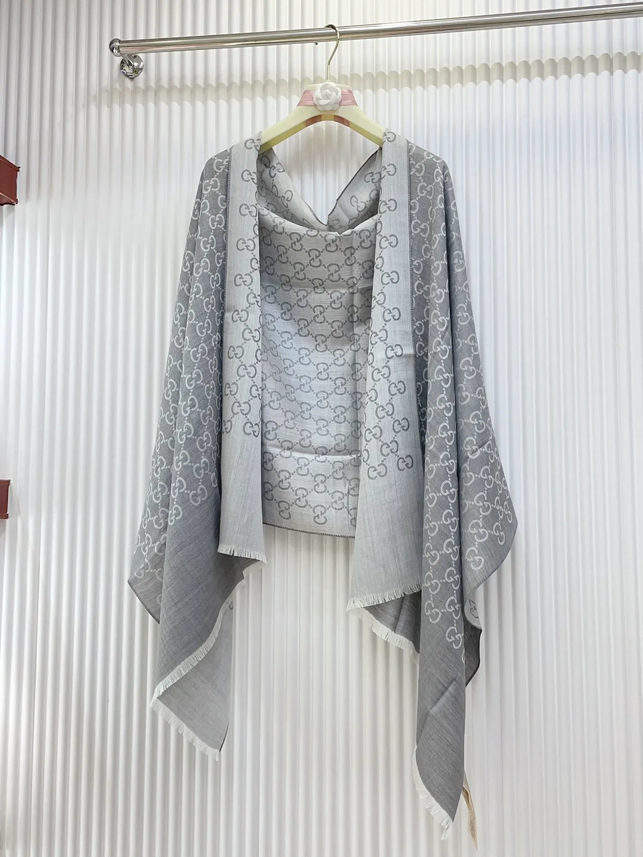 Gucci Monogram-Printed Gray Silk Scarf