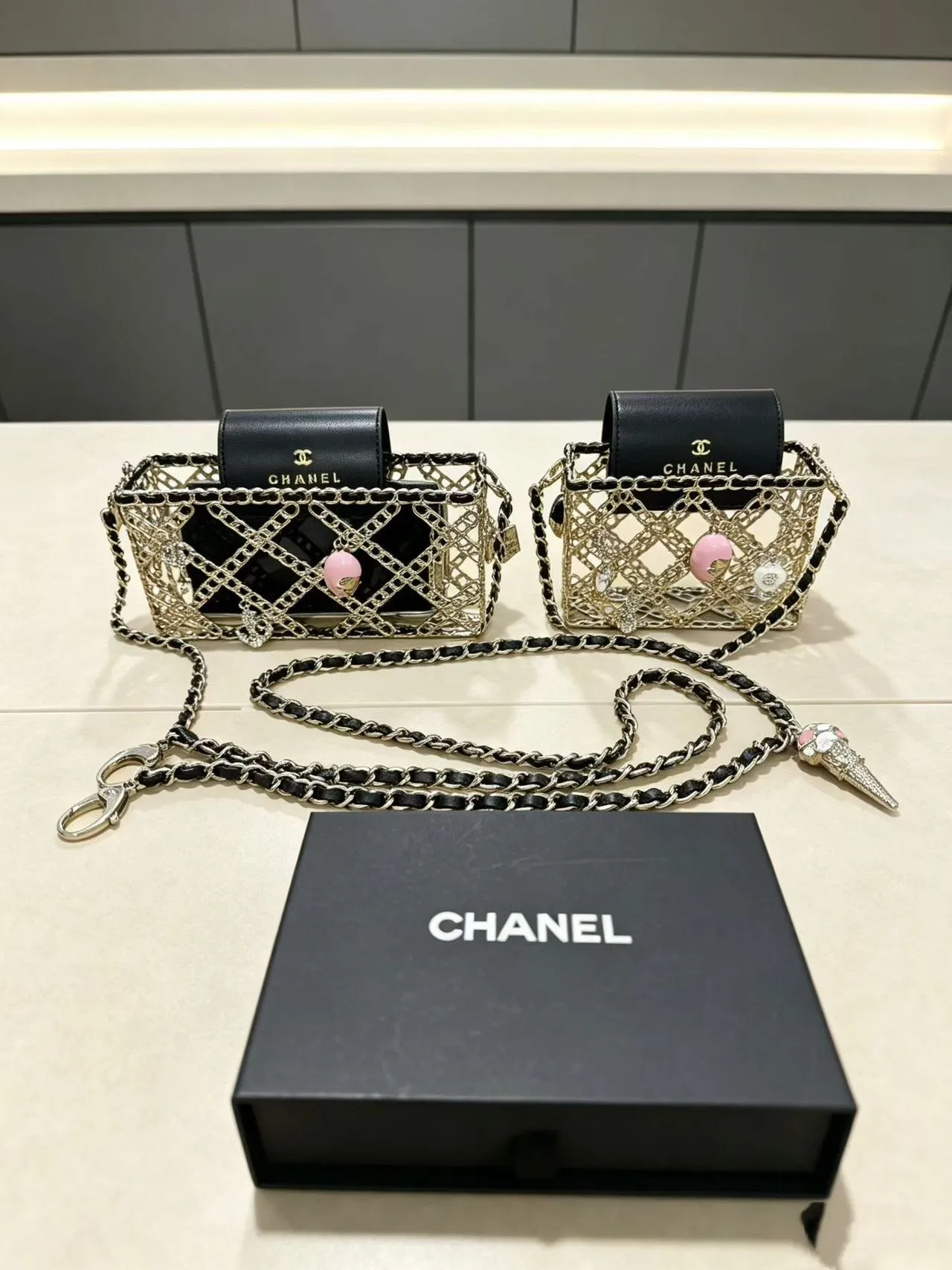 Chanel Chain Cage Black Pink Construction Leather Flap Chain Bag