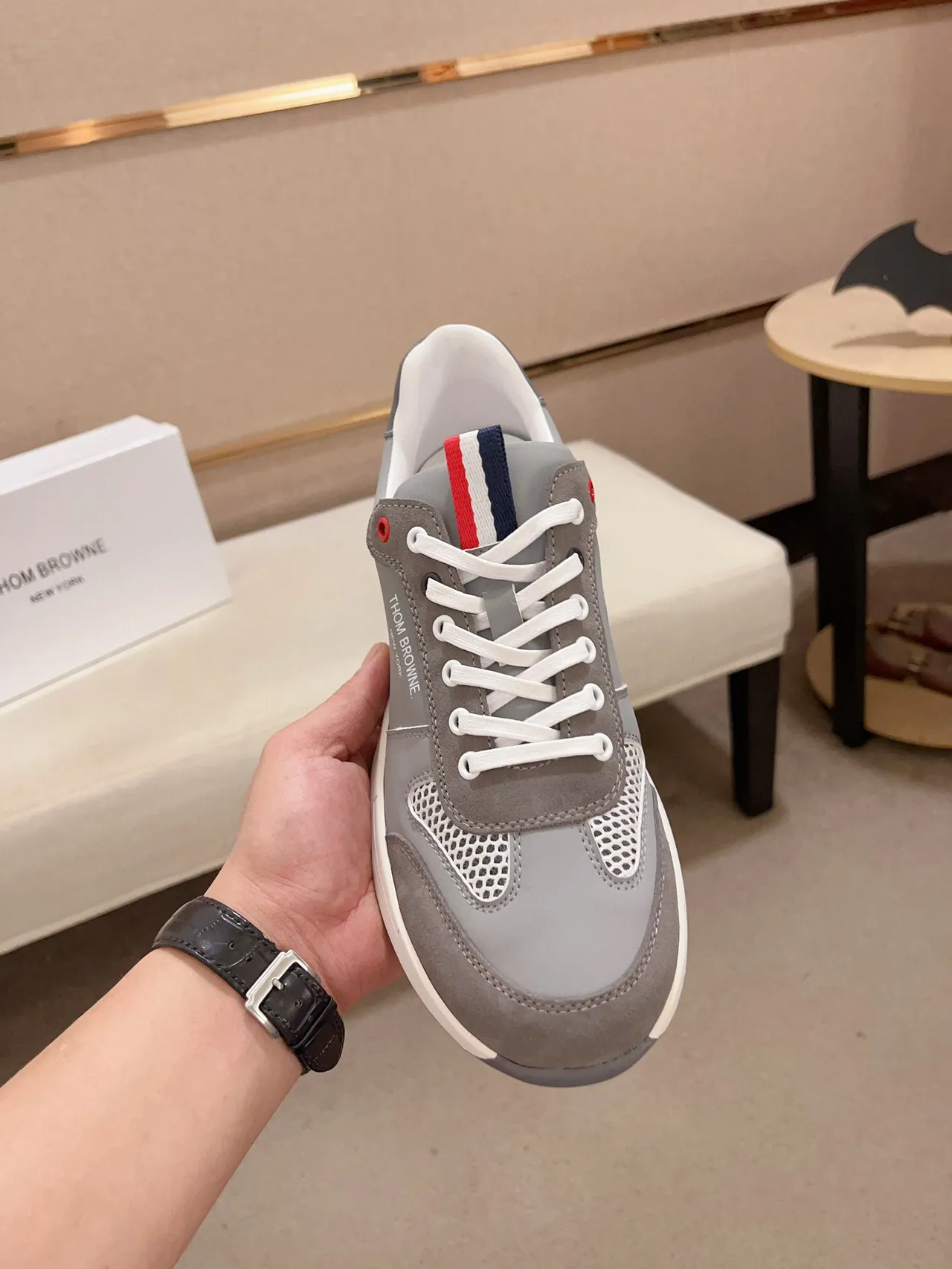 Thom Browne Gray White Mixed-Material Upper Mesh Ventilation Panel Sneakers