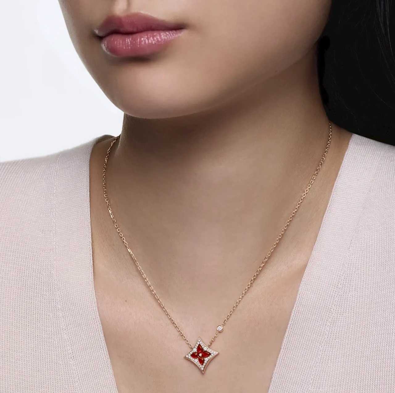 Louis Vuitton Red Enamel Floral Pendant Gold-Tone Necklace