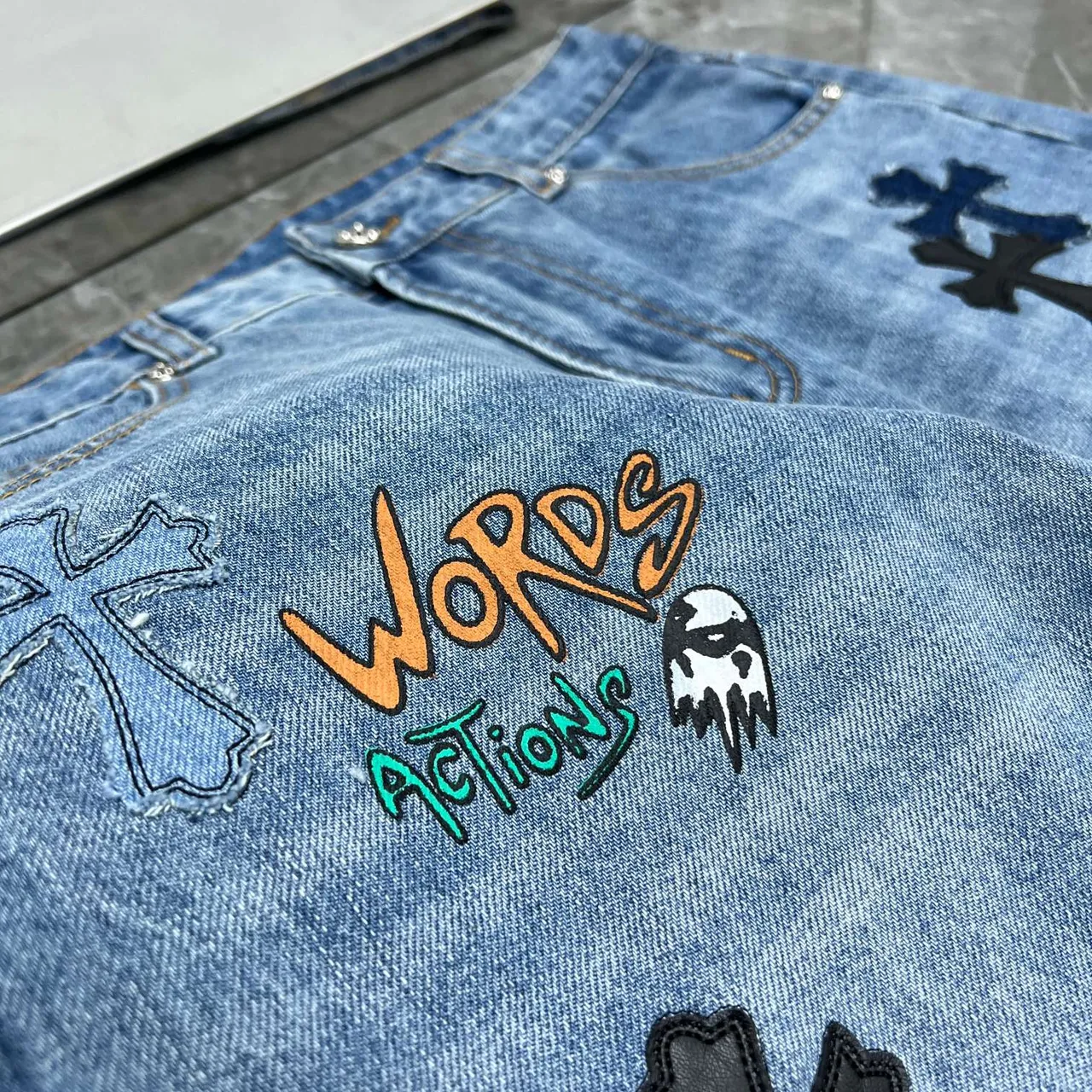Chrome Hearts Cross Appliqué Light Wash Denim Jeans