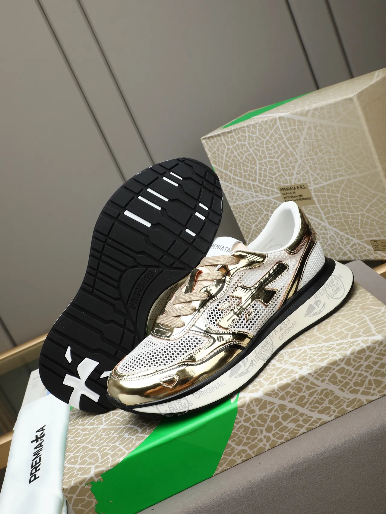 Premiata White Gold Metallic Accents Perforated Mesh Upper Sneakers