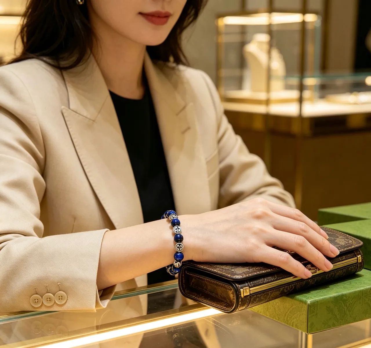 Gucci Blue Silver Beaded Interlocking G Logo Bracelet