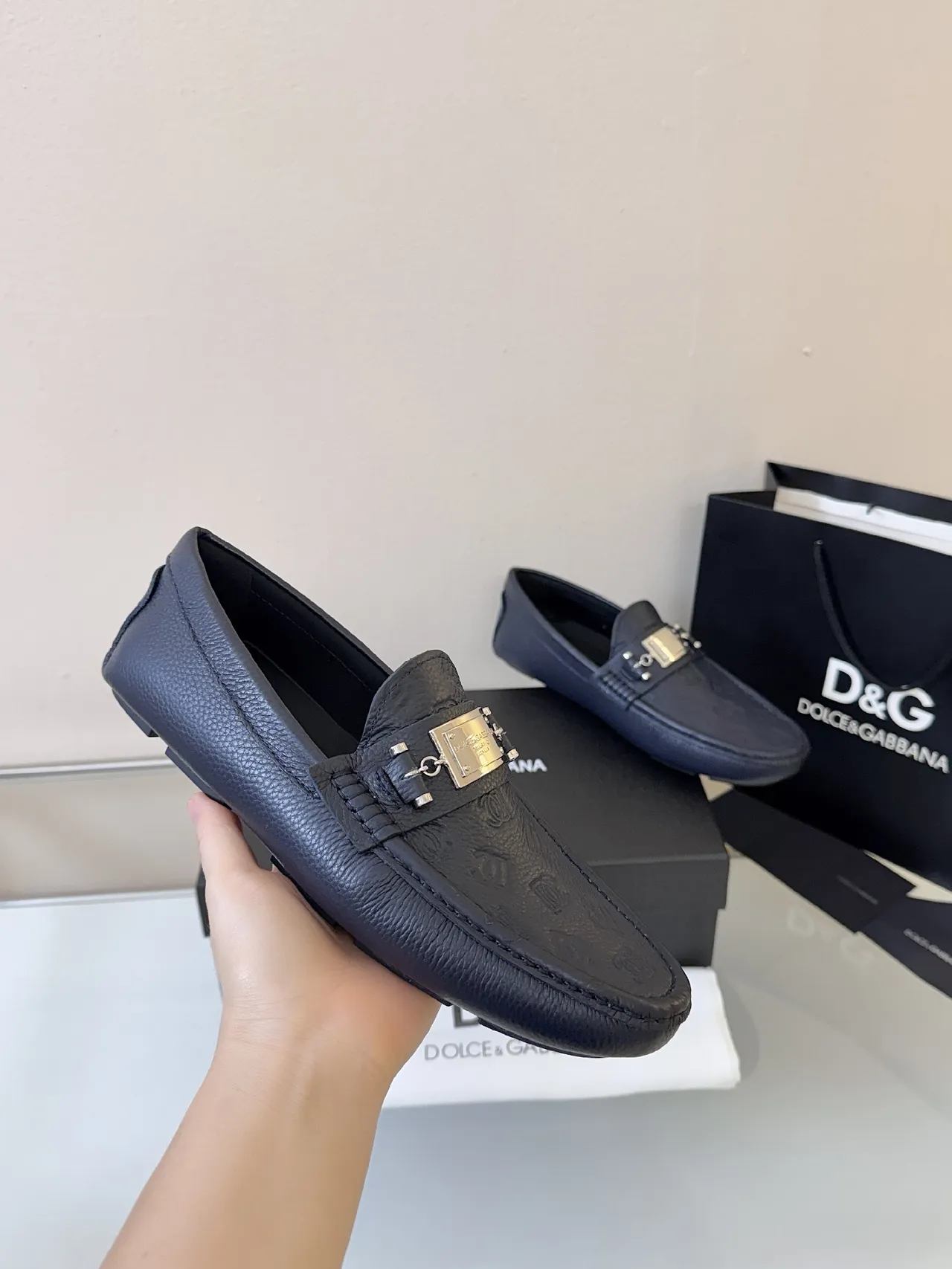 Dolce & Gabbana Portofino Navy Blue Embossed Leather Loafer