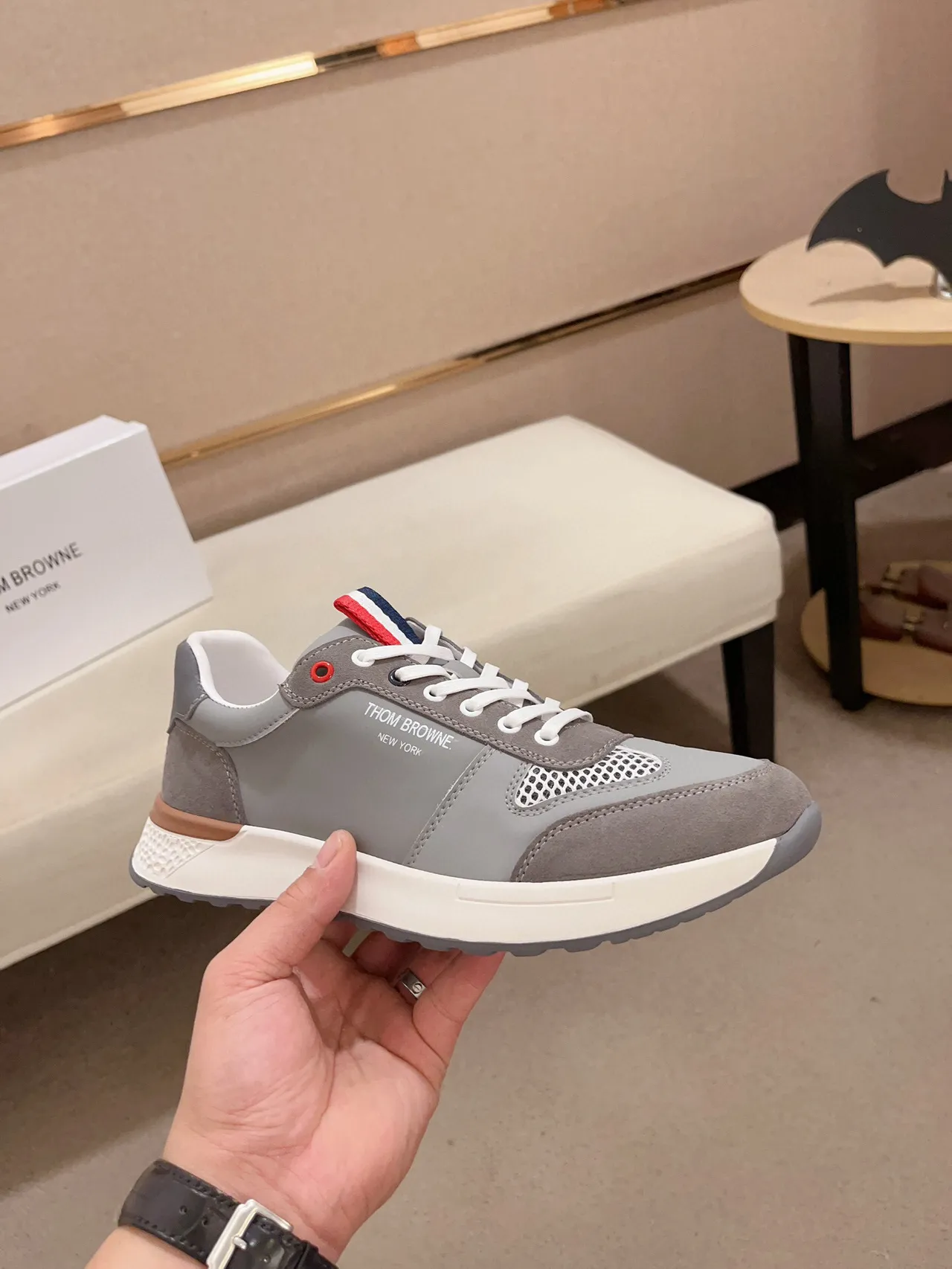 Thom Browne Gray White Mixed-Material Upper Mesh Ventilation Panel Sneakers