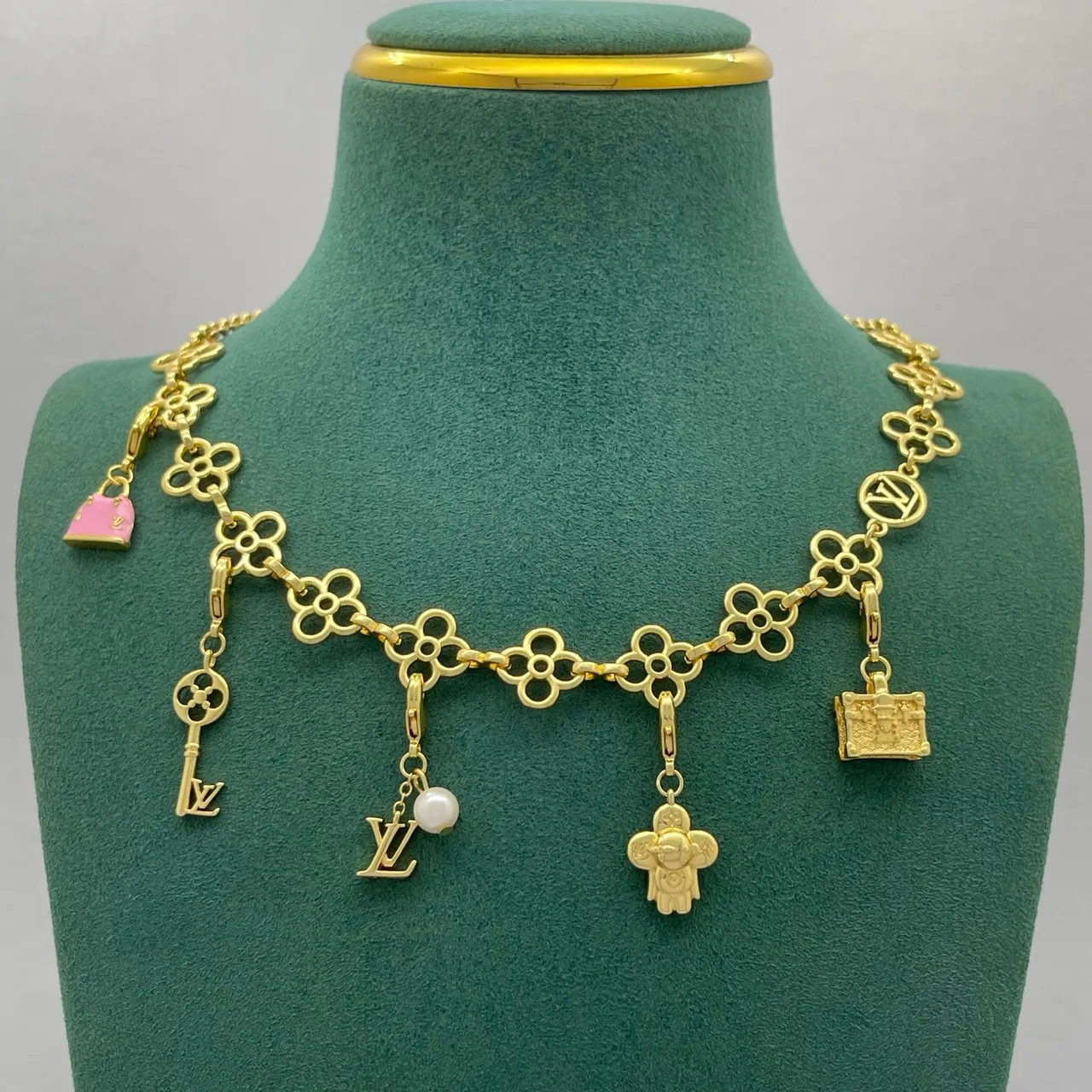 Louis Vuitton Gold Pink Floral-Link Chain Multi-Charm Pendant Design Necklace