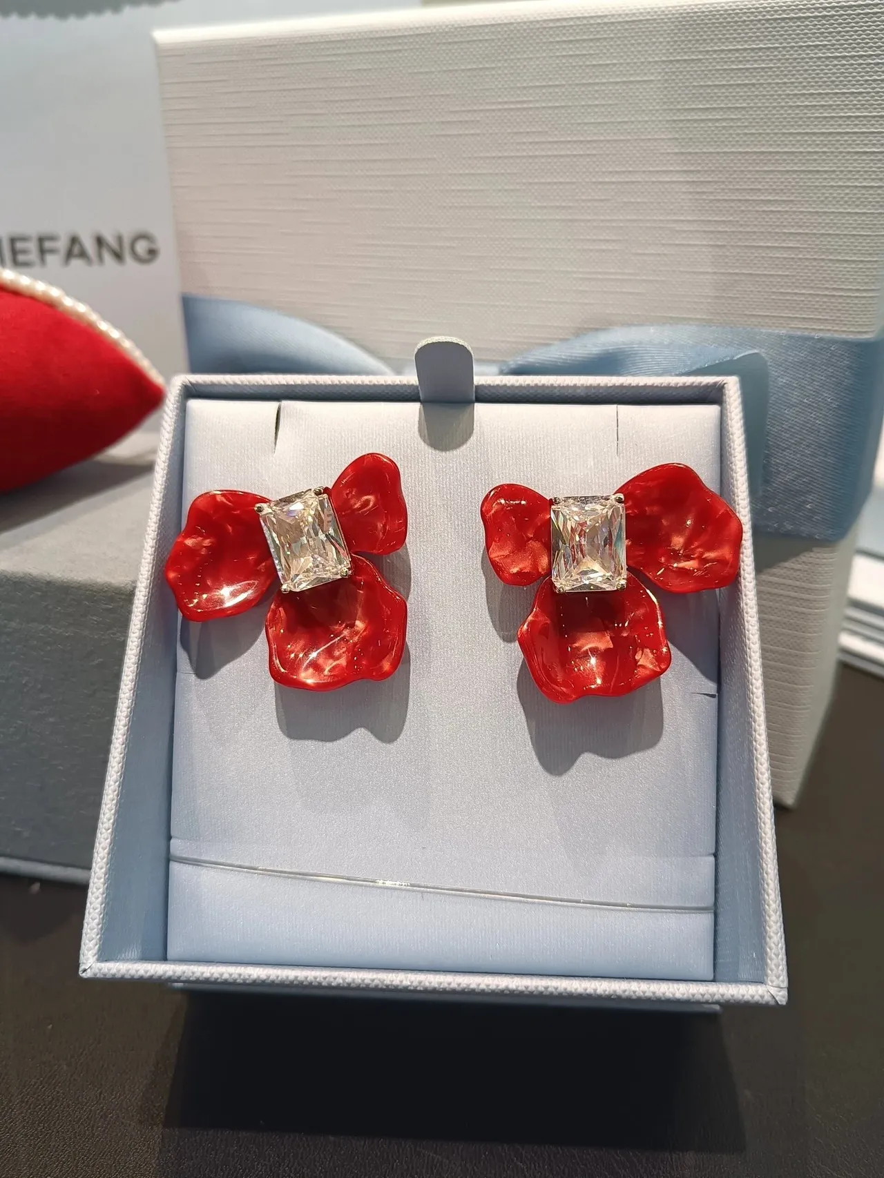 Alexander Wang Red Transparent Floral Motif Glossy Resin Petals Earrings