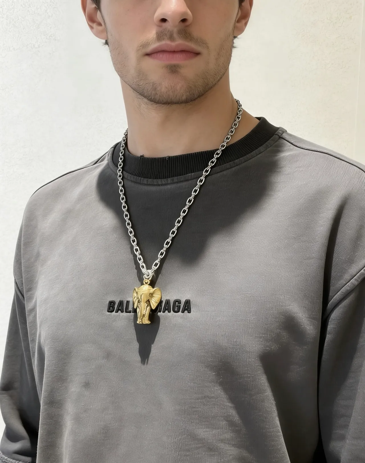 Gucci Silver Gold Sculpted Elephant Head Pendant Heavy Link Chain Necklace