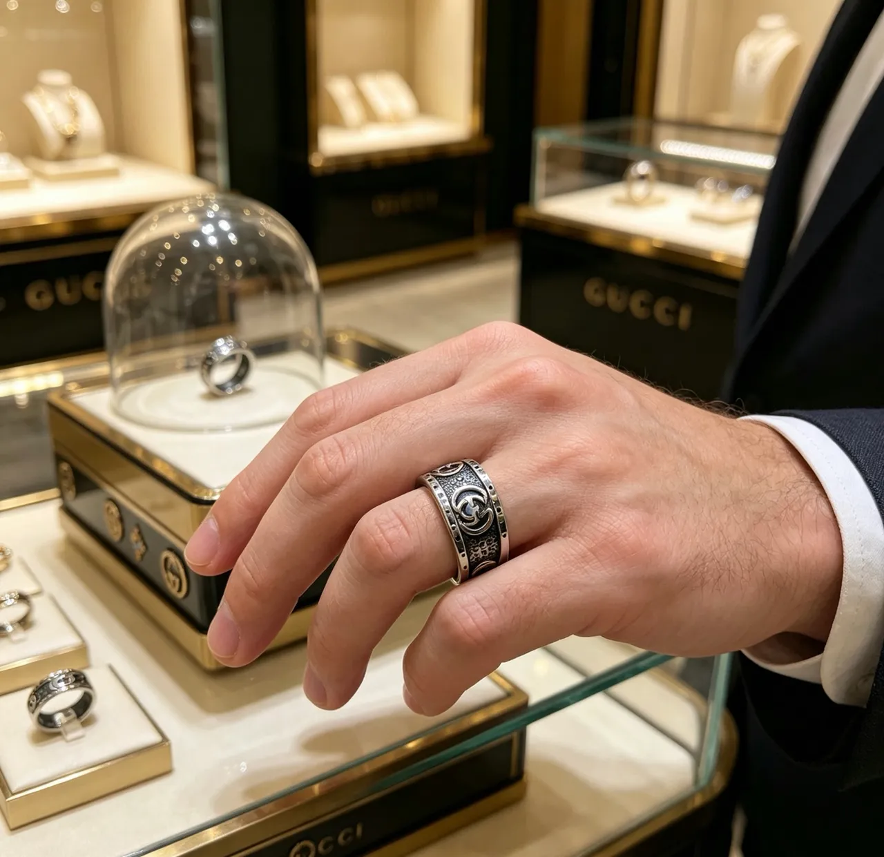 Gucci GG Marmont Silver Black Wide Band Interlocking G Motif Ring