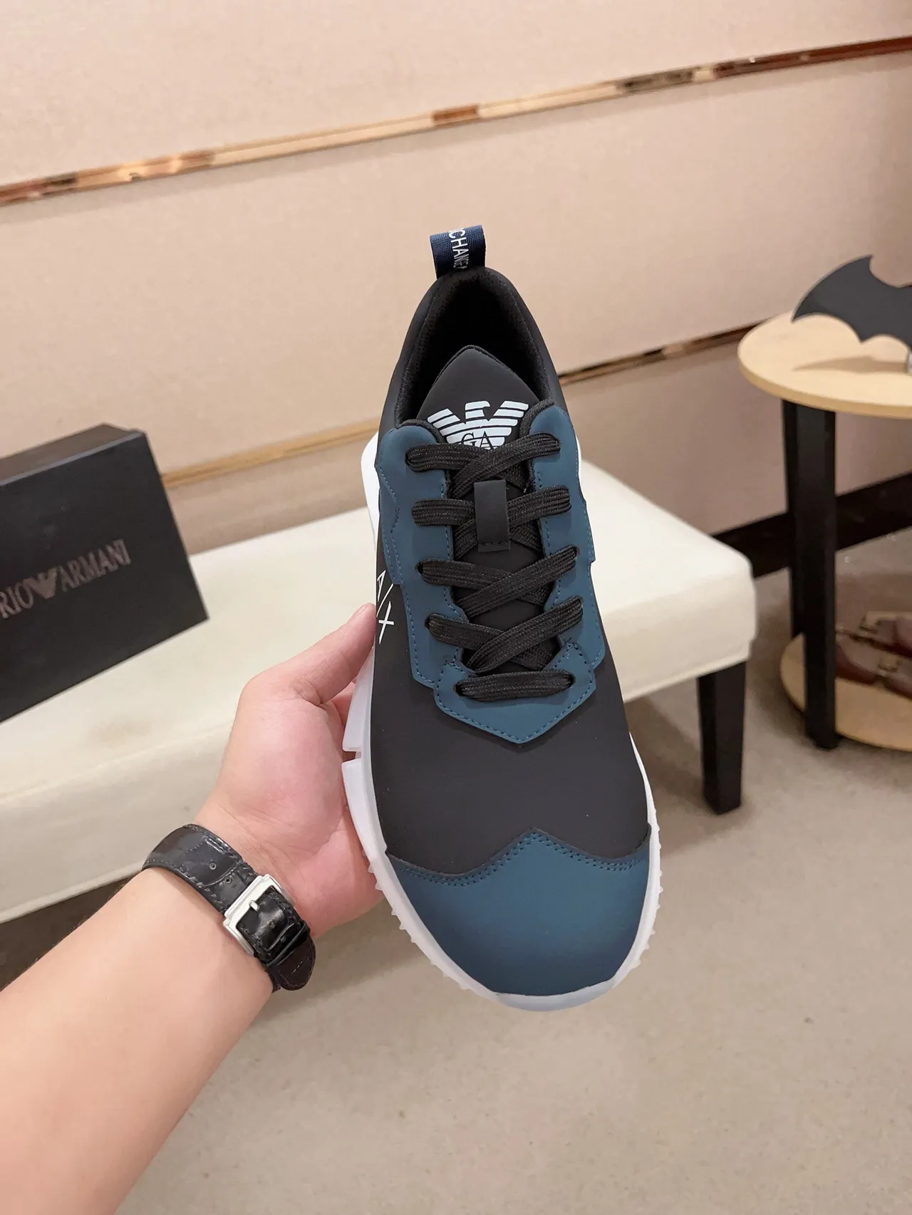 Armani Exchange Navy Black Mixed-Material Upper Sculpted Translucent Sole Sneakers