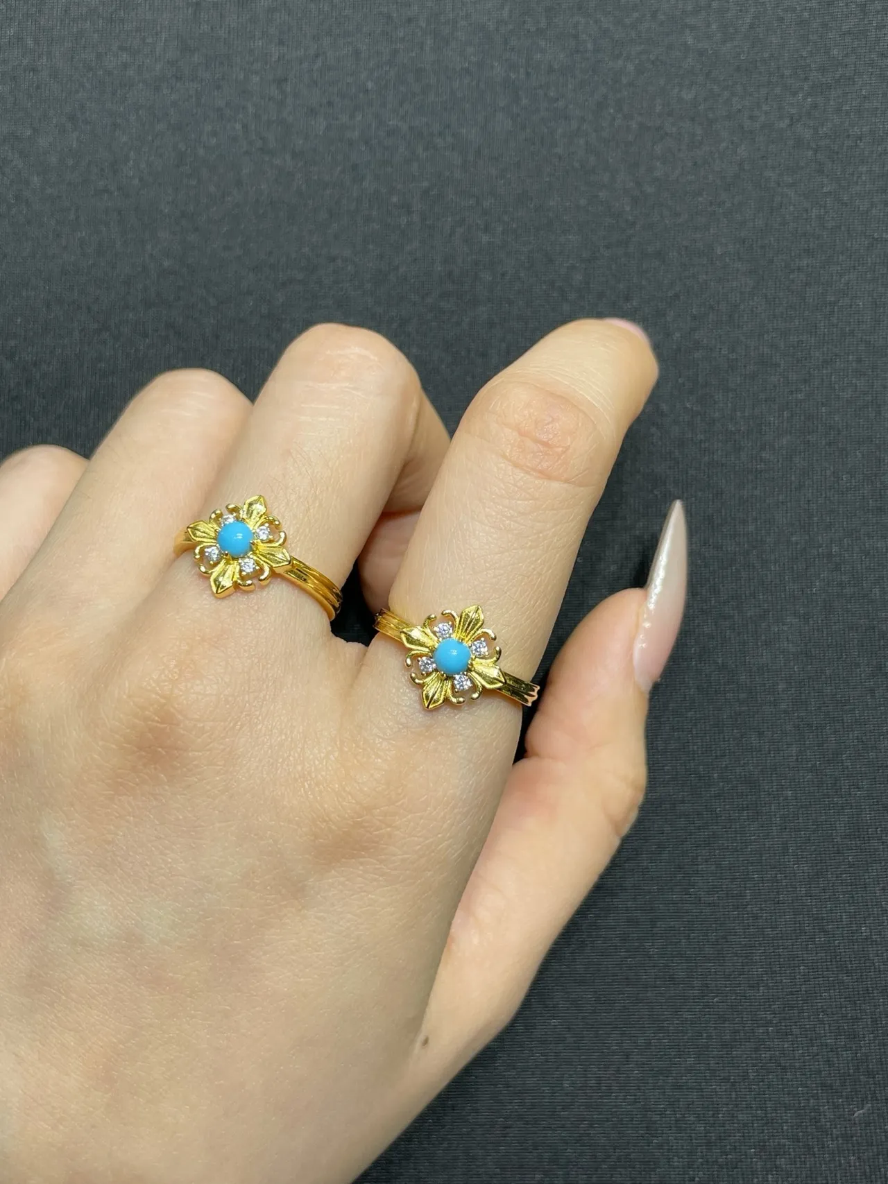 Gold Blue Floral Filigree Turquoise Cabochon Center Ring
