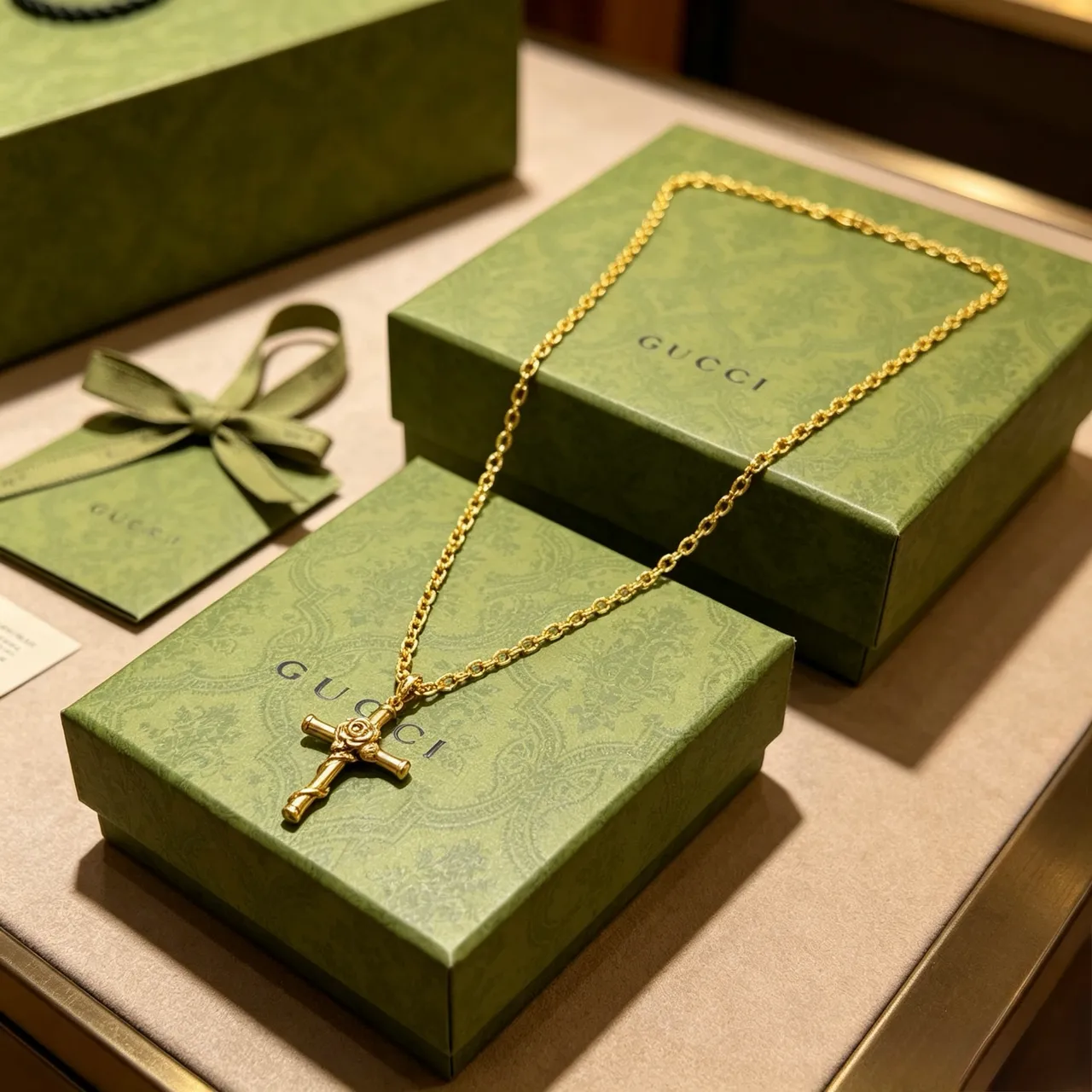 Gucci Bamboo Cross Pendant Gold-Tone Necklace