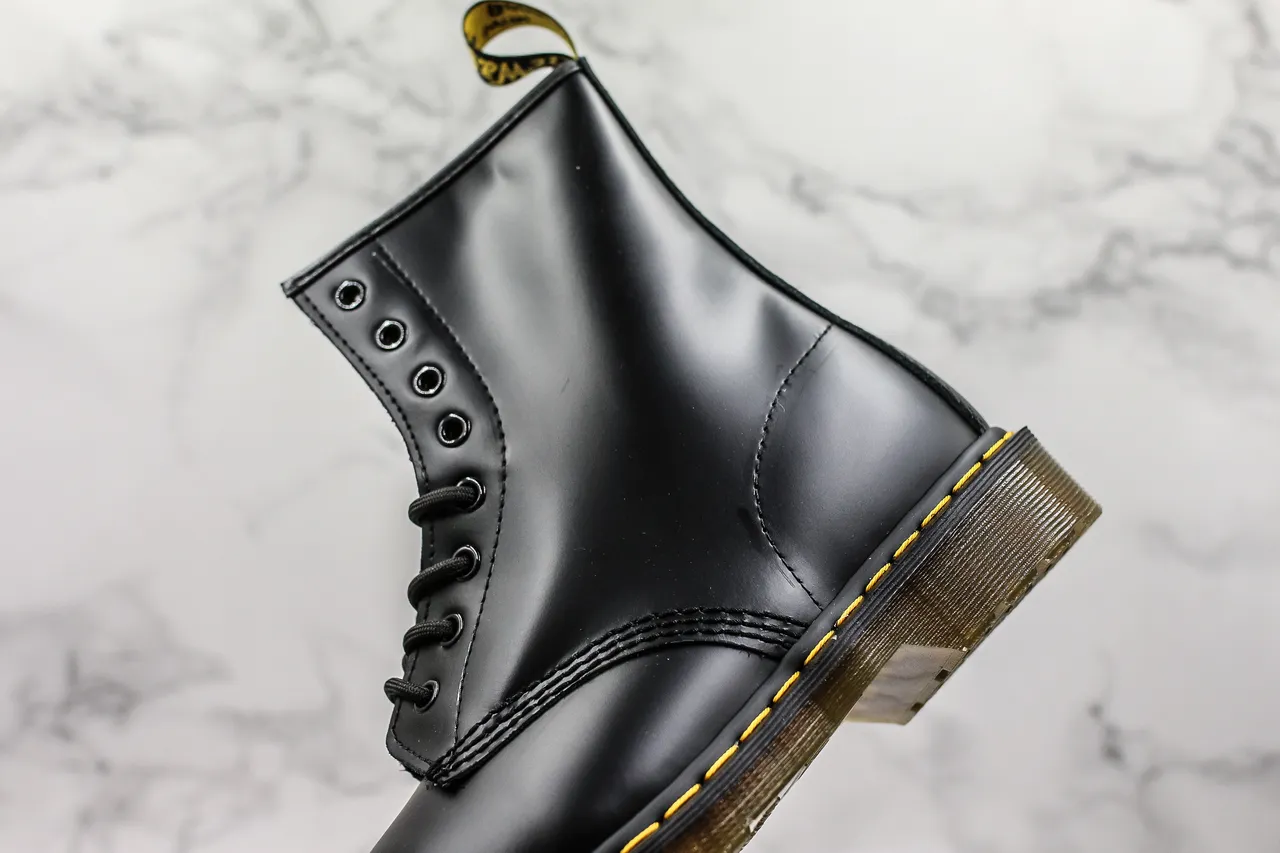 Dr. Martens 1460 Black Smooth Leather Yellow Stitch Martin Boots