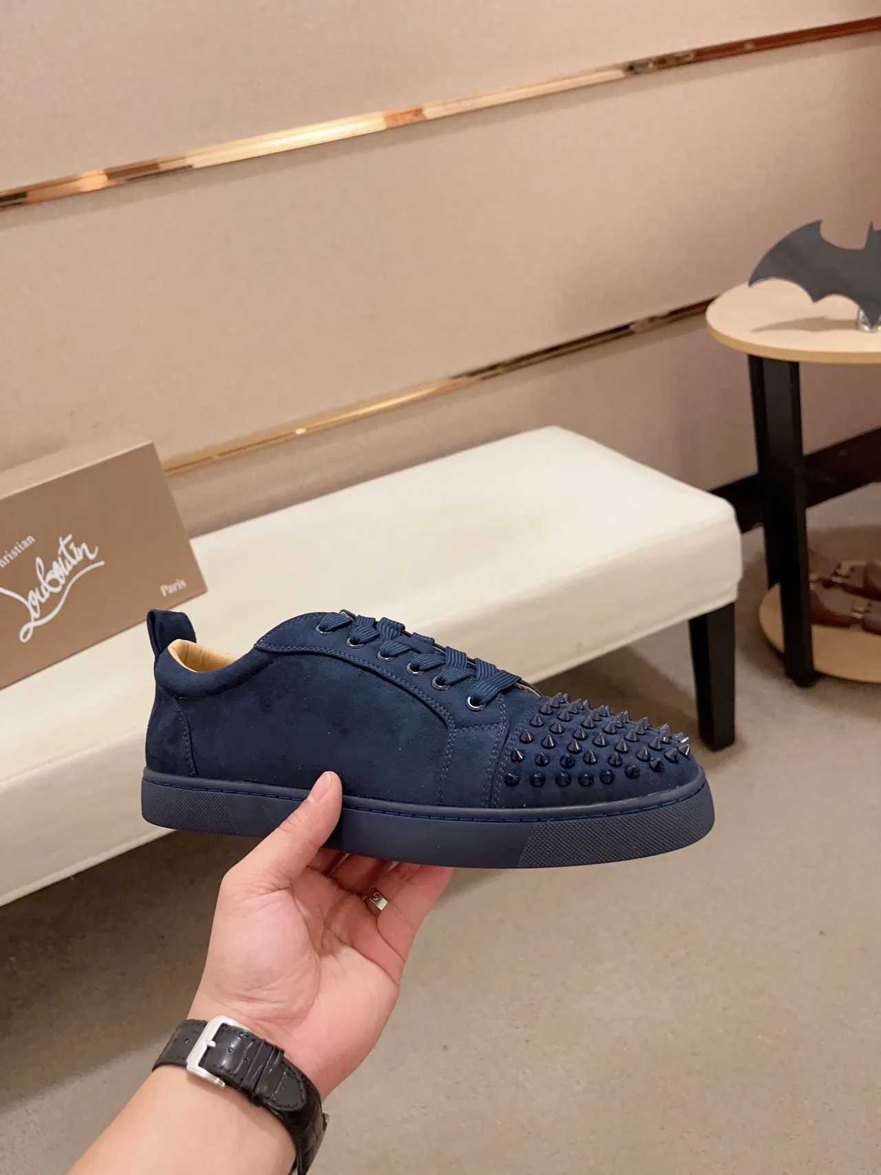 Christian Louboutin Navy Beige Suede Spiked Toe Cap Lifestyle Sneakers
