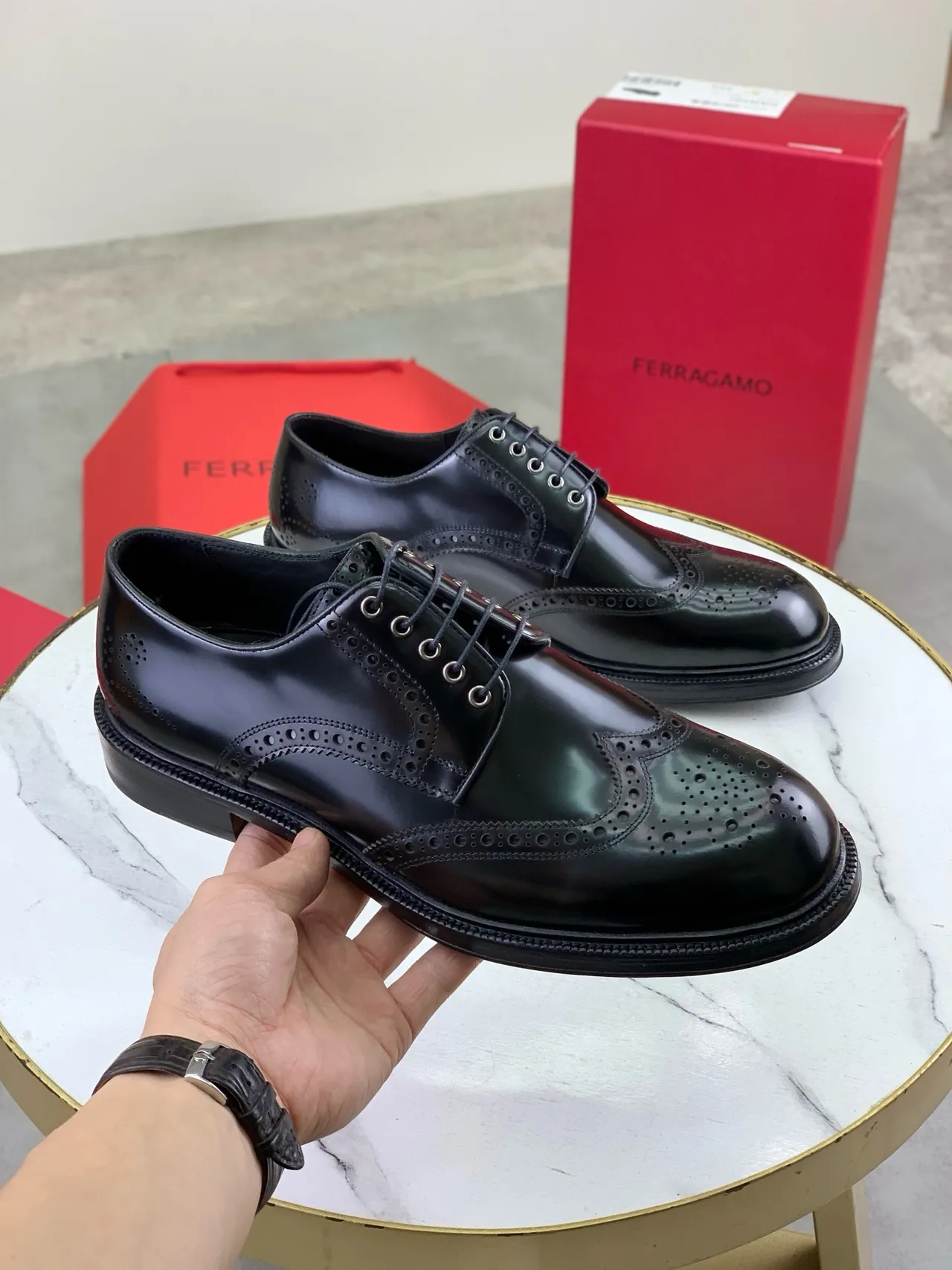 Salvatore Ferragamo Full Brogue Wingtip Black Leather Brogues