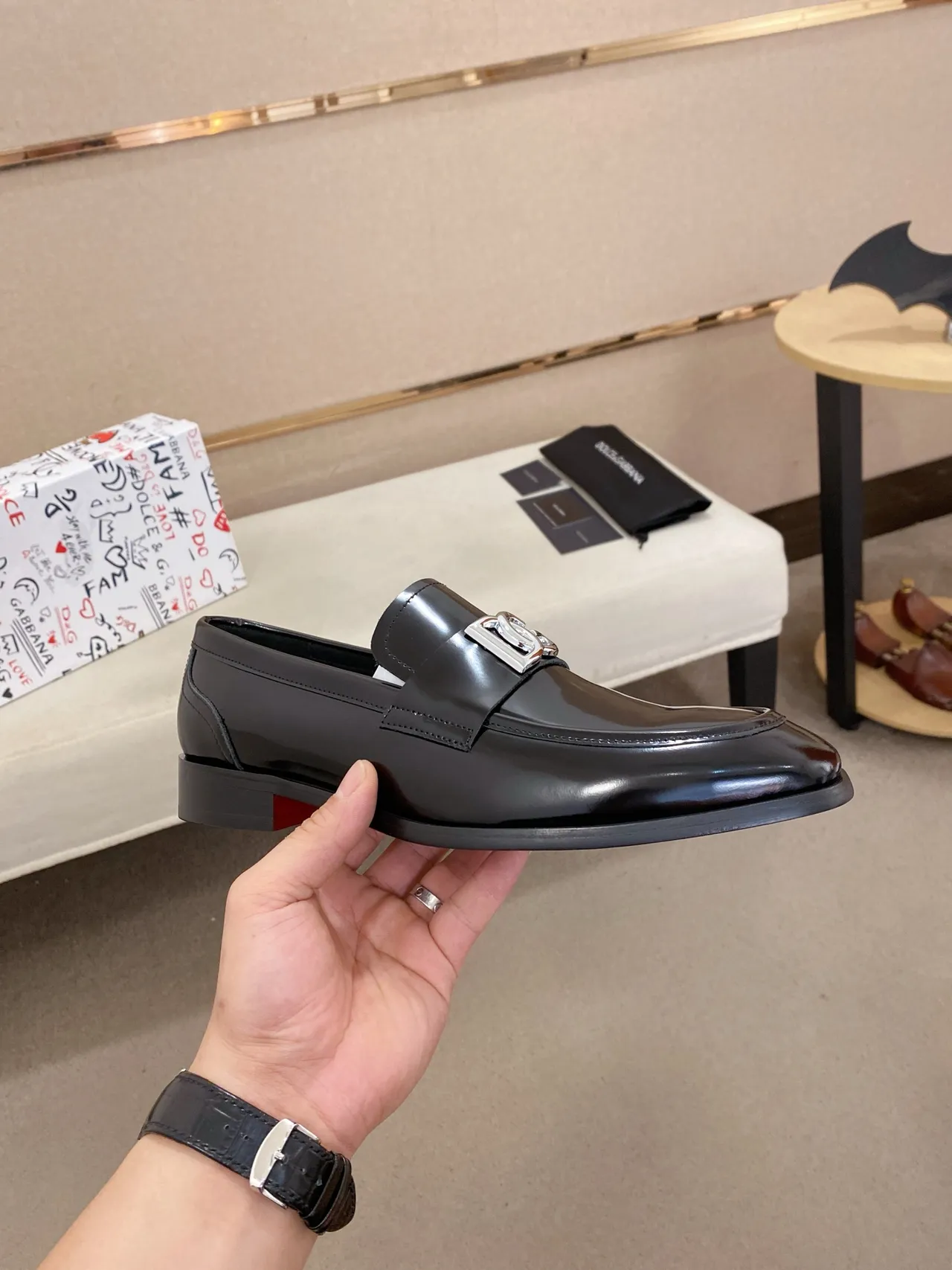 Dolce & Gabbana Black Red Polished Leather Metal DG Buckle Loafer