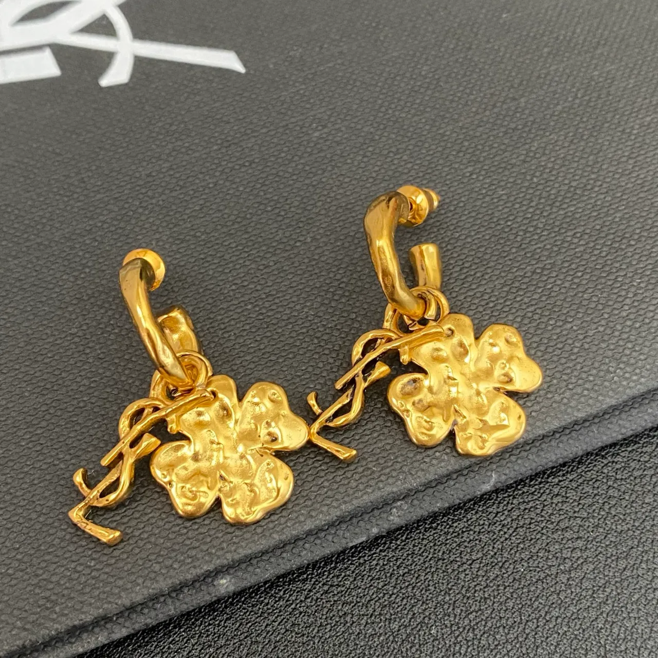 Saint Laurent Clover YSL Monogram Gold-Tone Hoop Earrings