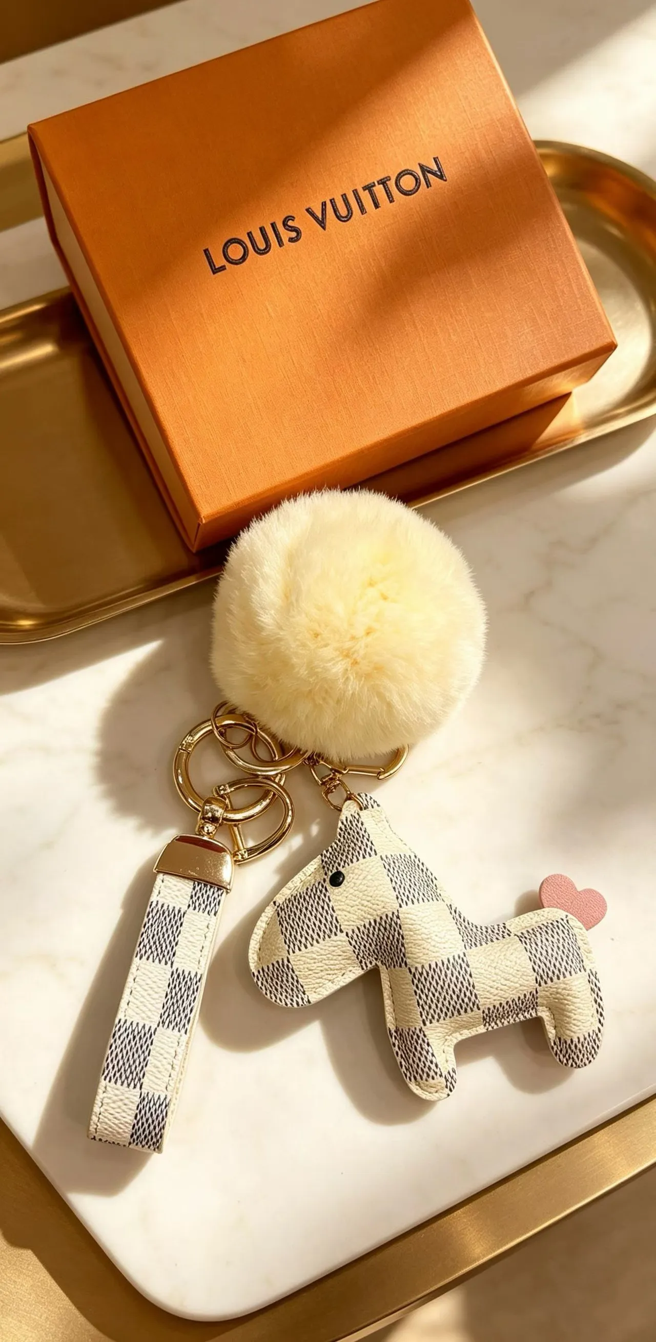 Louis Vuitton Teddy Bear Beige Black Damier Check Leather Pom-Pom Accent Phone Accessory