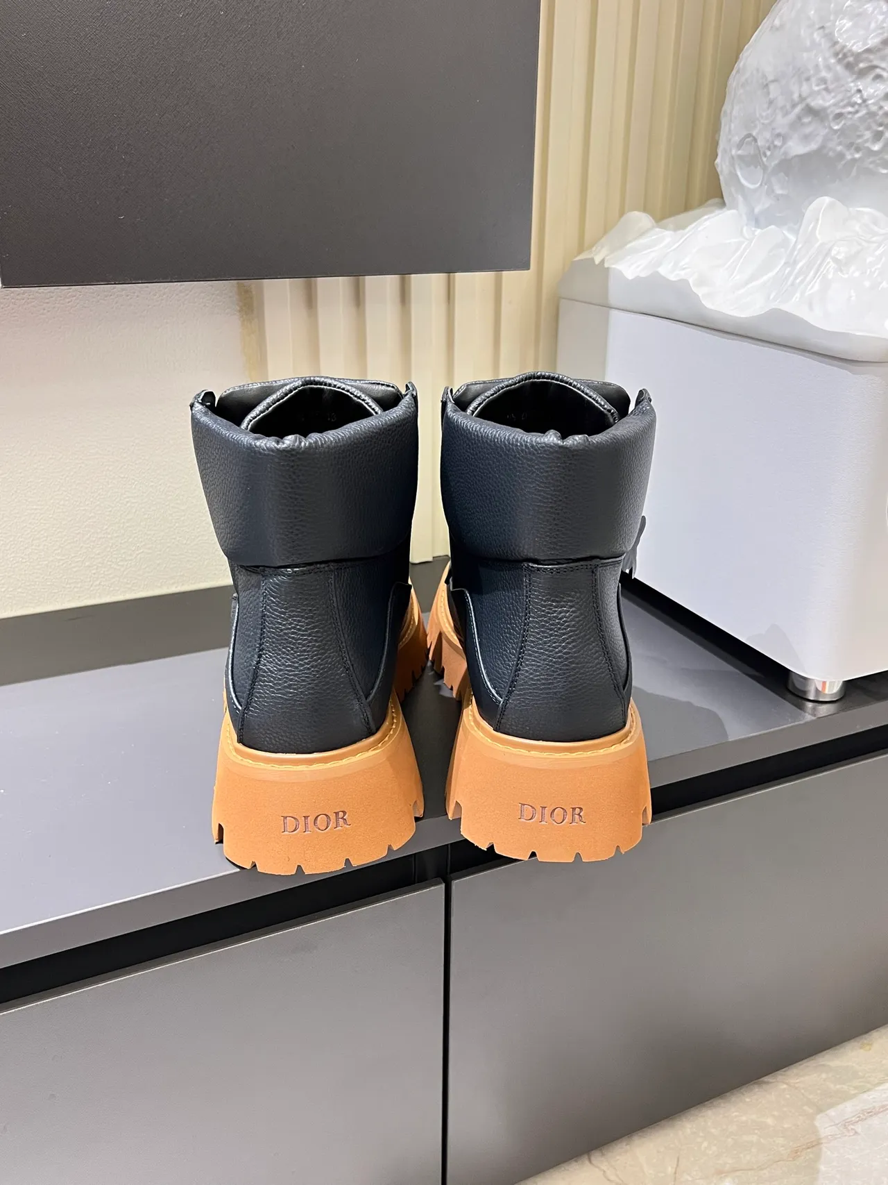 Dior Black Beige Pebbled Leather Tan Lug Sole Ankle Boots