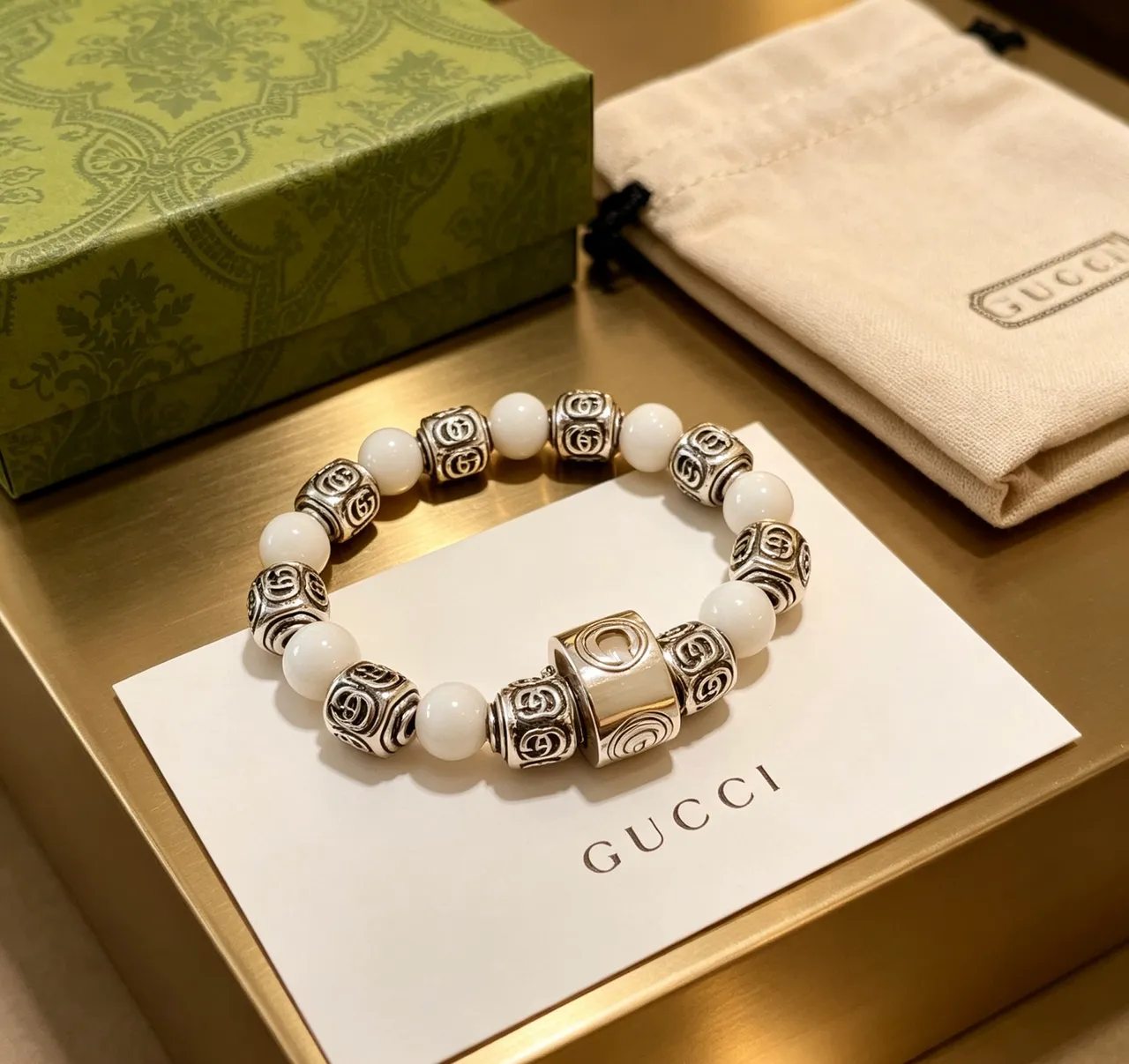 Gucci GG Marmont White Silver Beaded Interlocking G Motif Bracelet