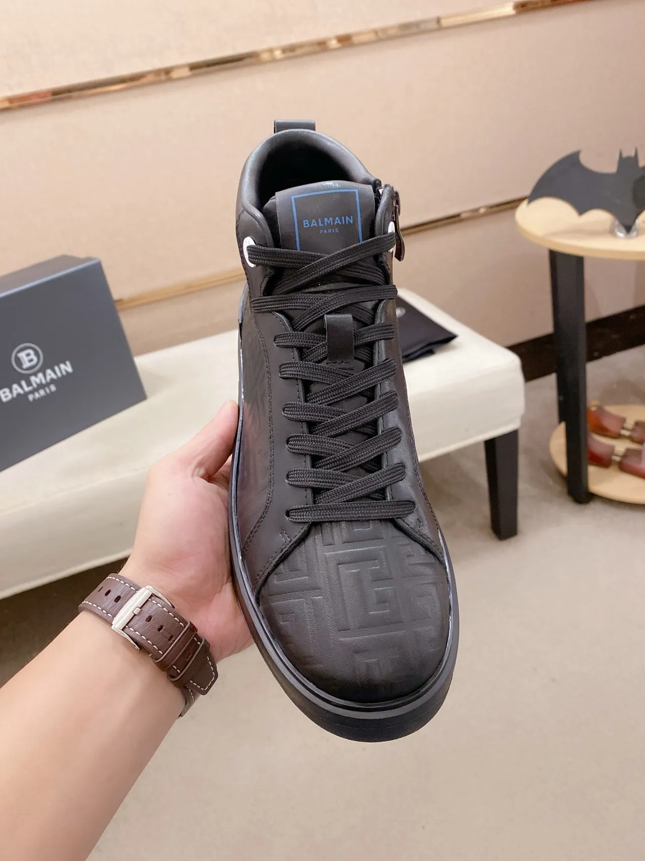 Balmain B-Court Black Embossed Greek Key High-Top Lifestyle Sneaker