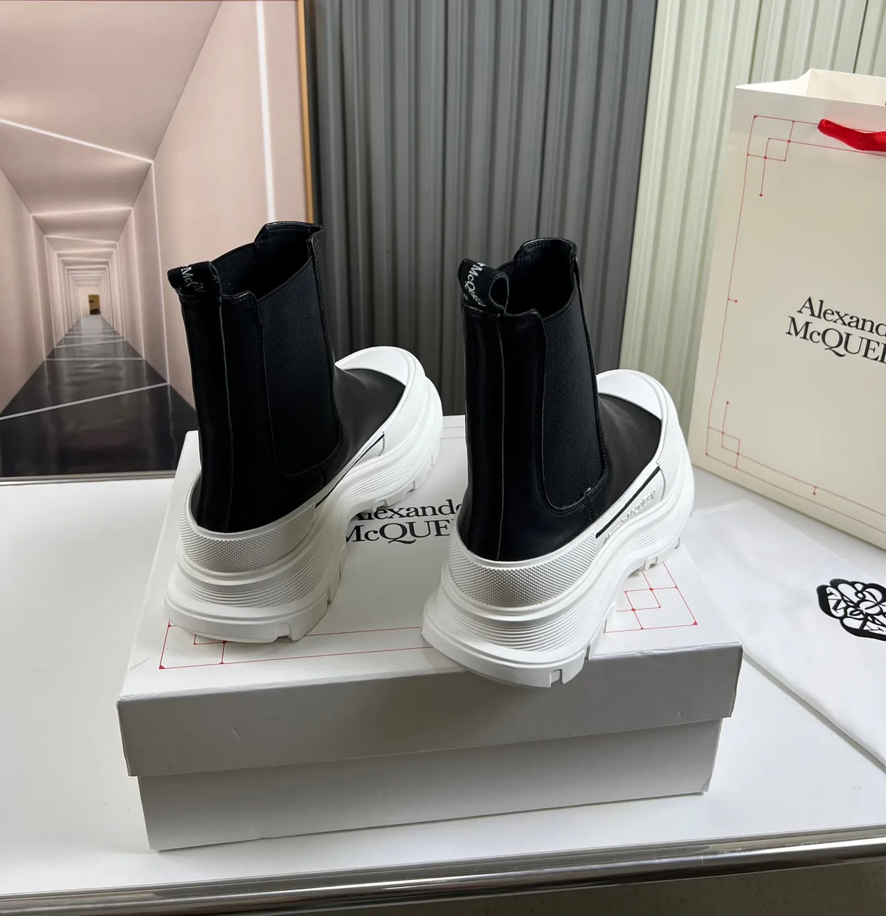Alexander McQueen Black White Chunky Platform Sole Elastic Side Panels Chelsea Boots