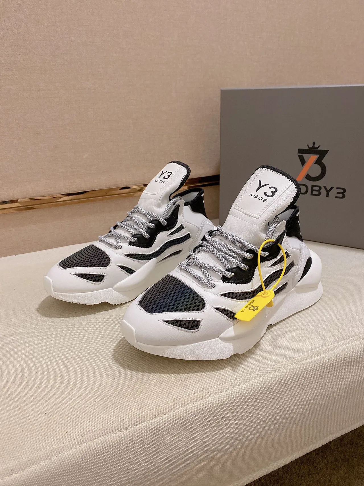 Y-3 Kobo White Black Sculpted Midsole Mesh-and-Leather Overlay Chunky Sneakers