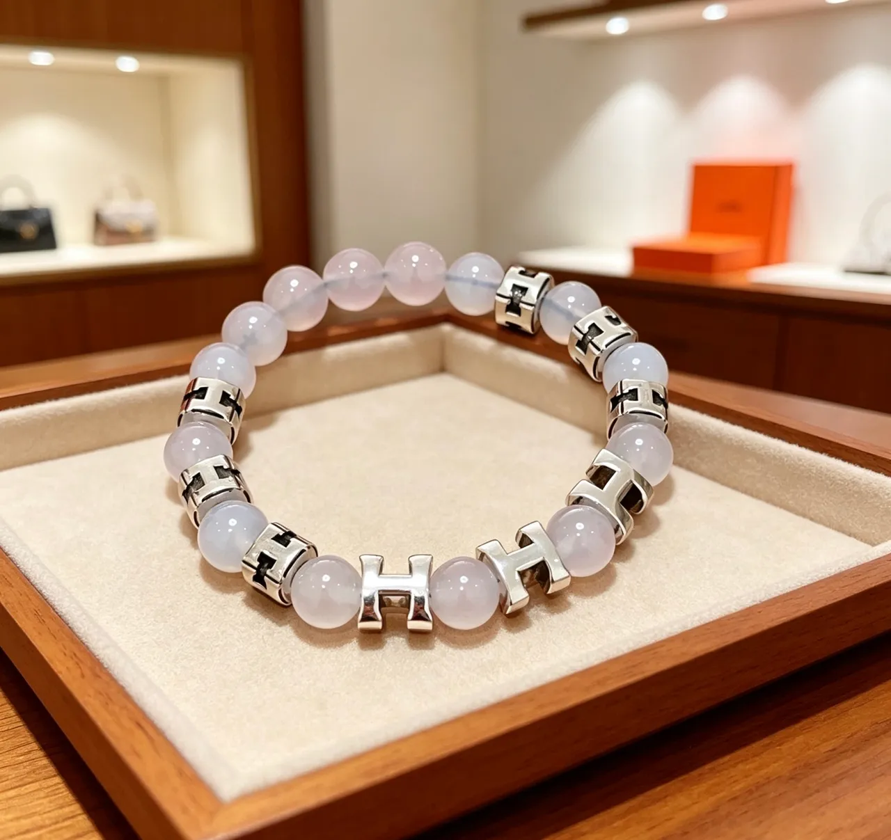 Hermès Beige Silver Beaded H-Motif Charms Bracelet