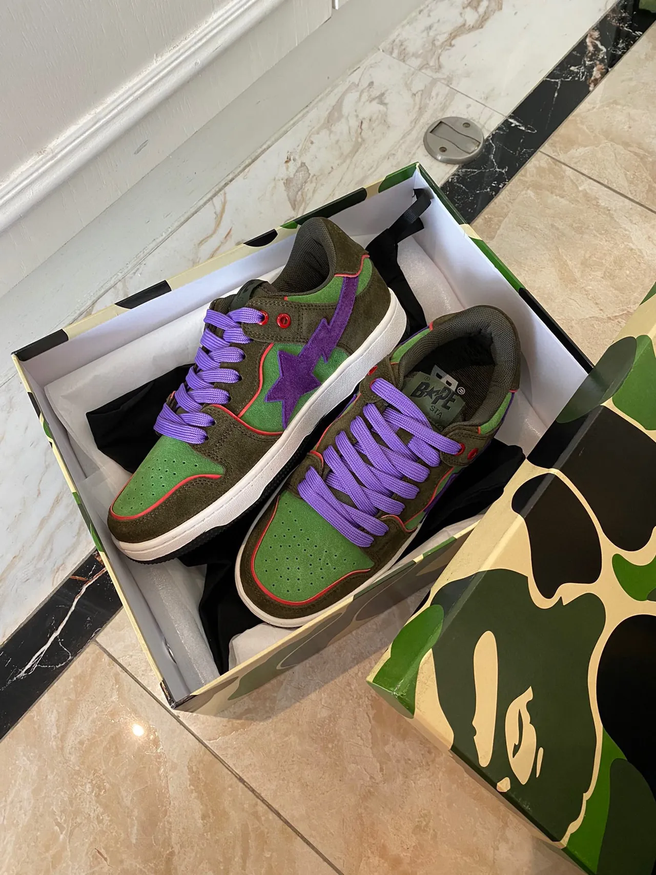 A Bathing Ape BAPE STA Army Green Purple Low-Top Suede And Textile Upper Lifestyle Sneakers