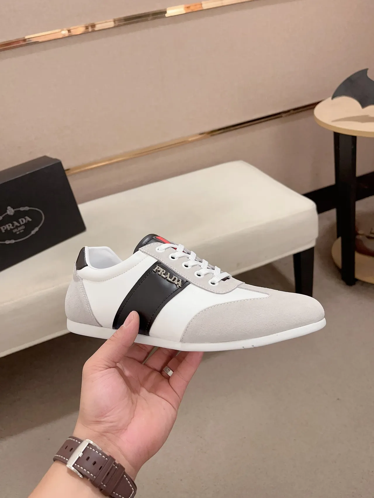 Prada Luna Rossa White Gray Low-Top Mixed-Material Sneakers