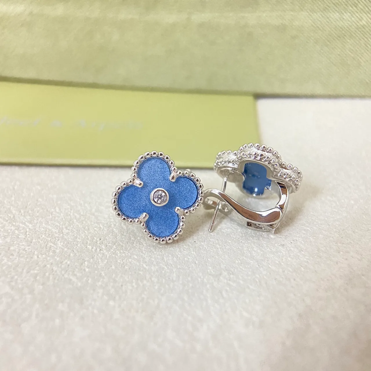 Van Cleef & Arpels Alhambra Blue Enamel and Diamond Four-Leaf Clover Earrings