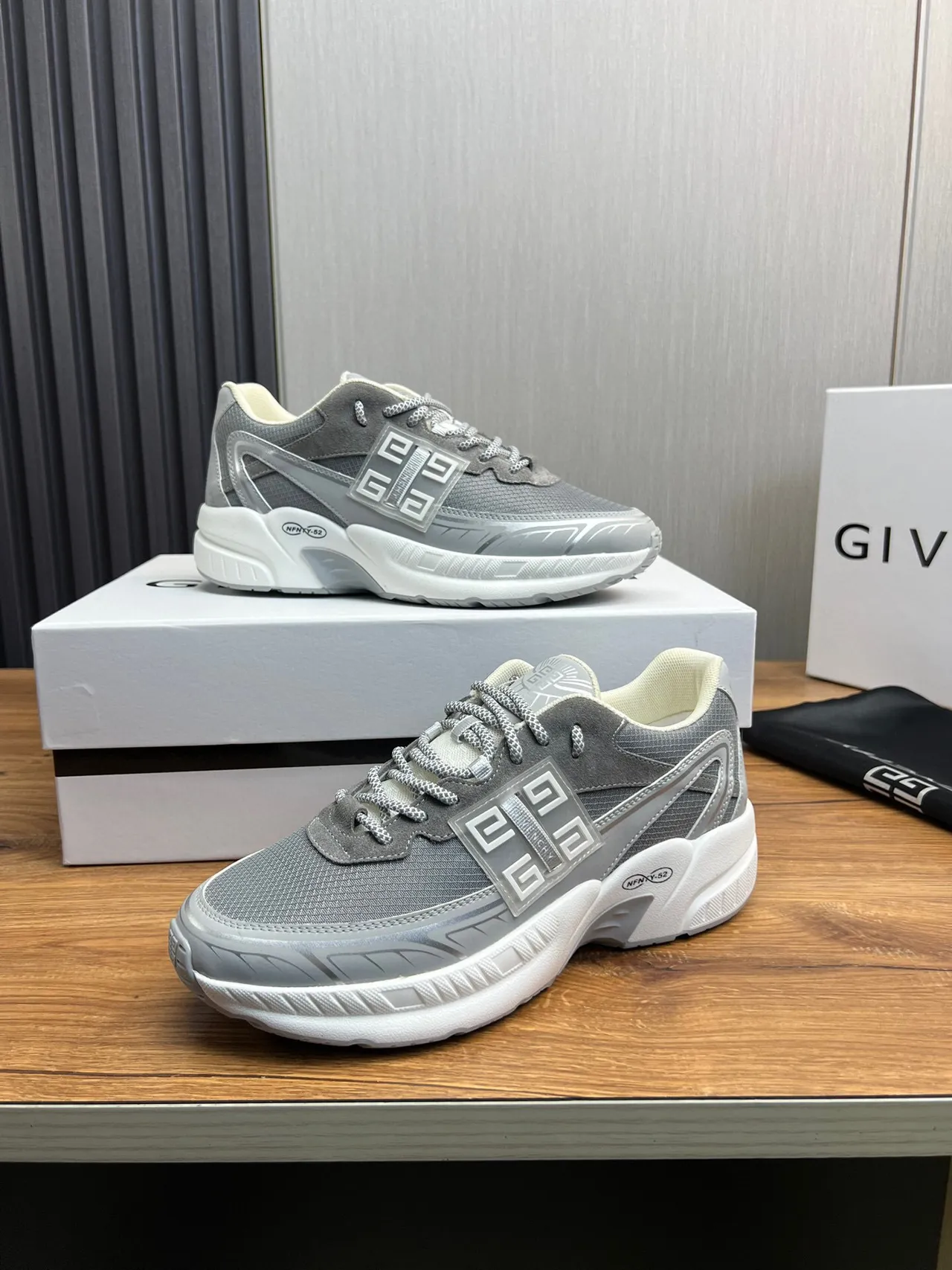 Givenchy Gray White Sole Mesh-Suede Hybrid Upper Chunky Sneakers
