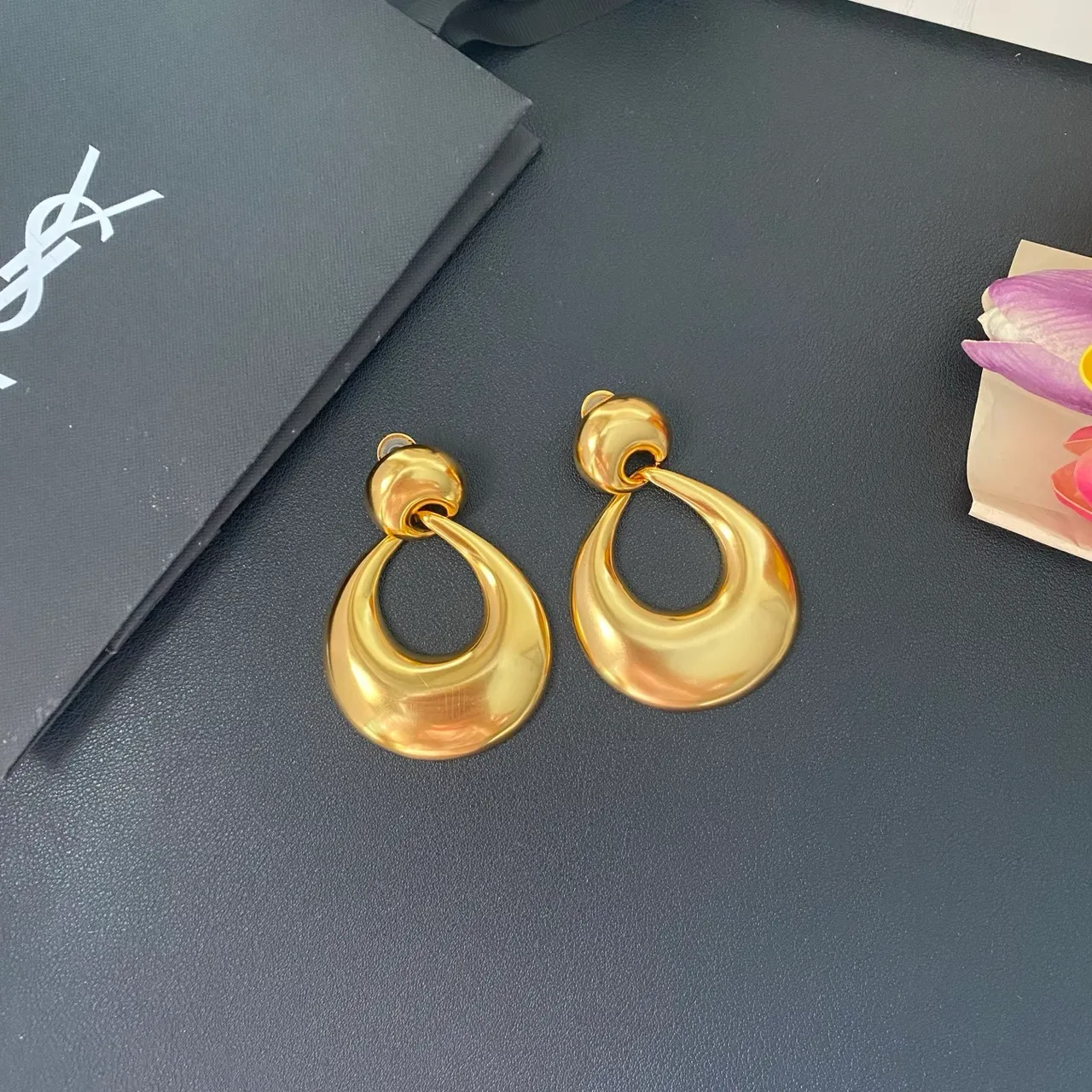Saint Laurent Gold Sculptural Teardrop Hoop Earrings
