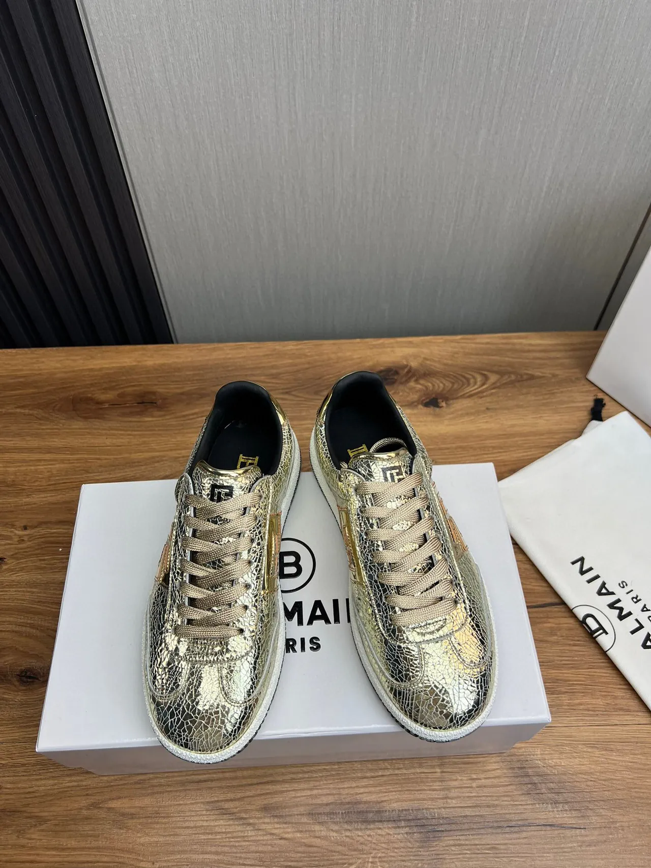 Balmain B-Court Metallic Cracked Leather Gold Black Lifestyle Sneakers