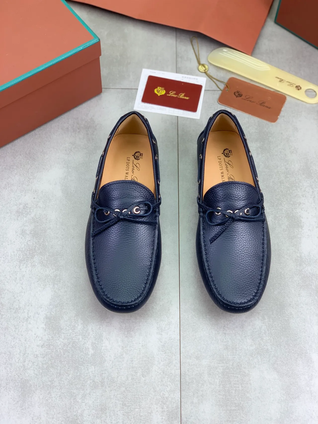 Navy Beige Pebbled Leather Decorative Bow Boat Shoes