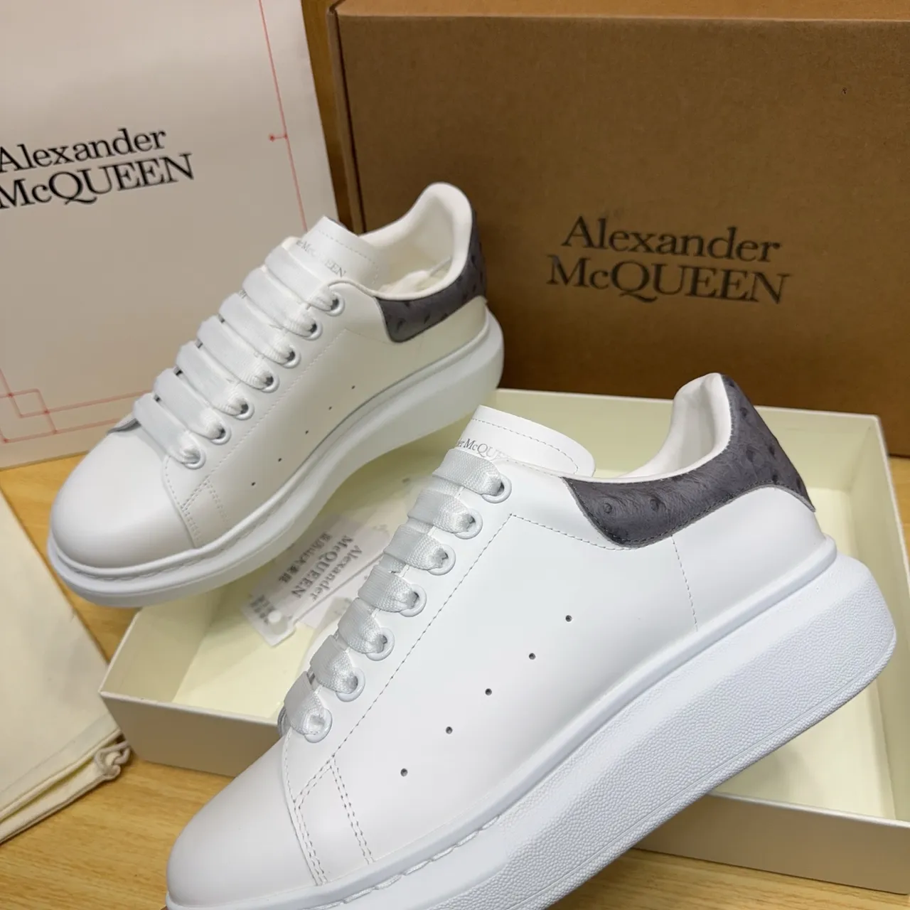 Alexander McQueen Oversized Sneaker White Gray Platform Sole Ostrich-Textured Heel Lifestyle Sneakers