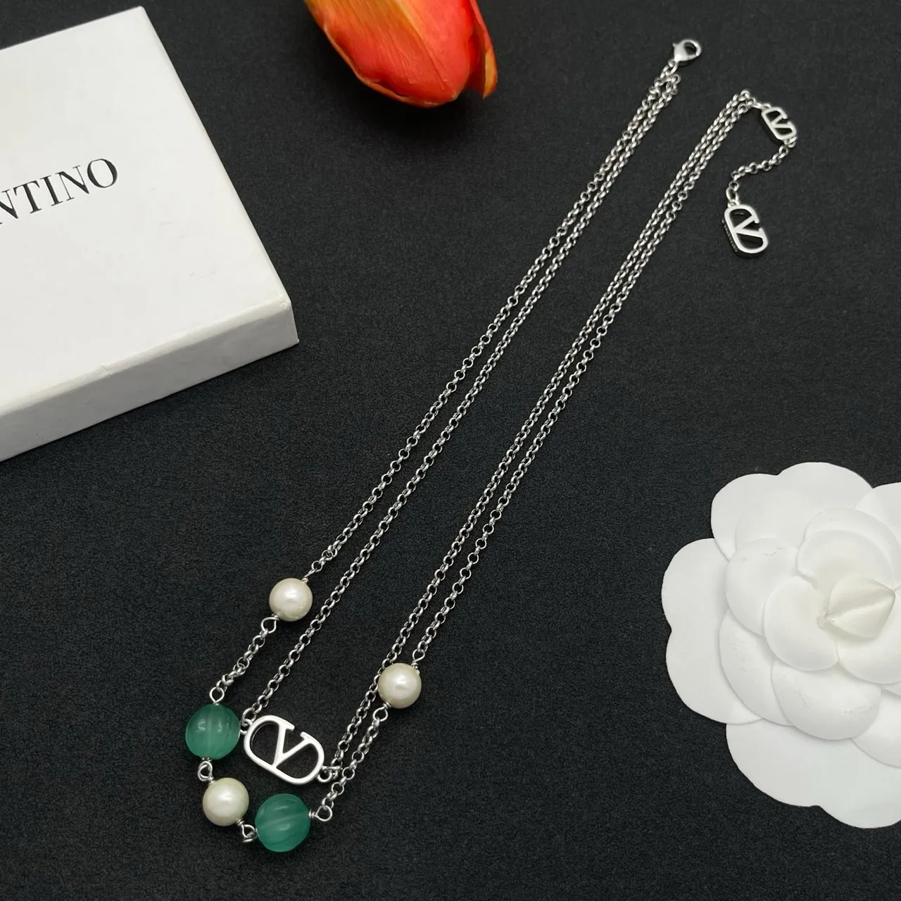 Valentino VLogo Double-Layer Pearl and Chalcedony Necklace