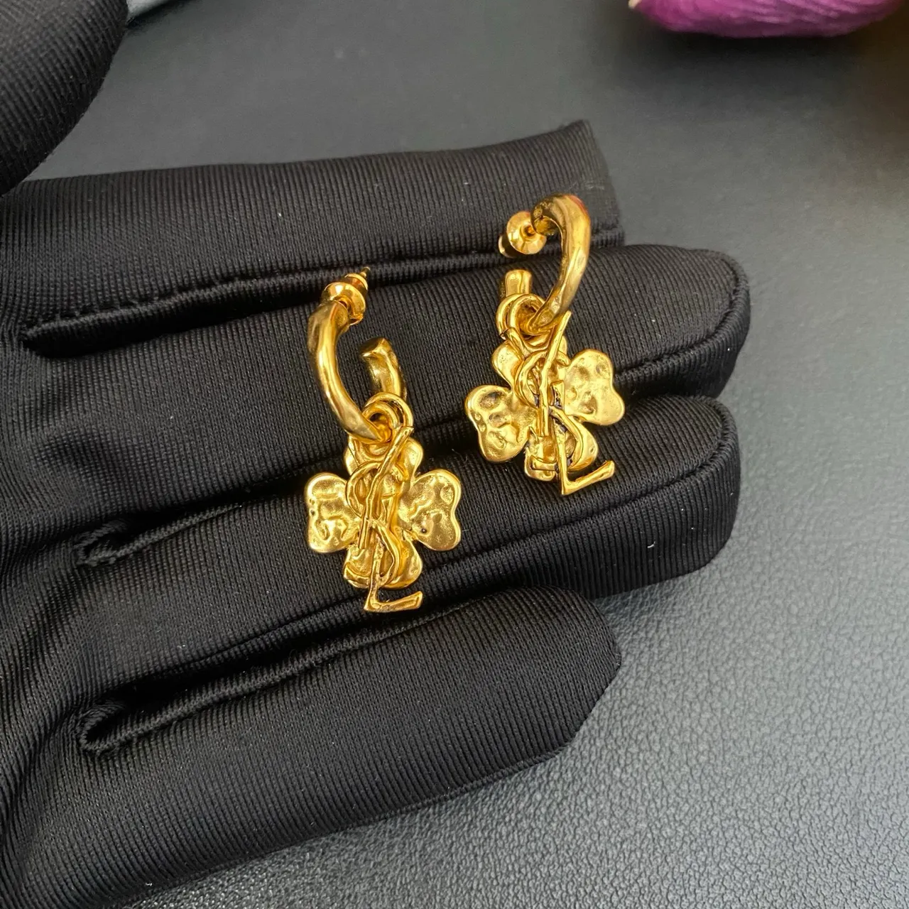 Saint Laurent Clover YSL Monogram Gold-Tone Hoop Earrings