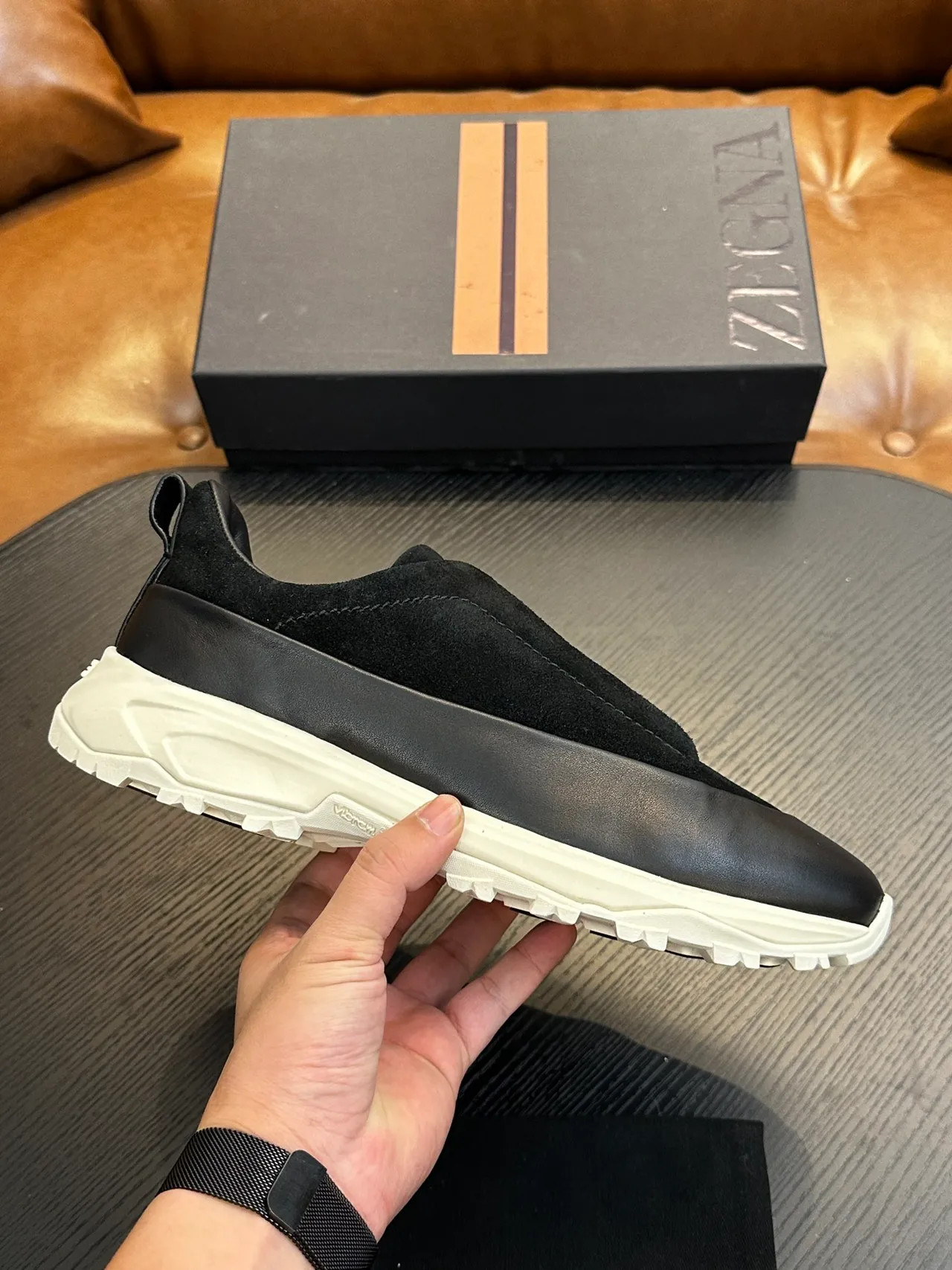 Zegna Black White Slip-On Construction Suede And Leather Upper Sneakers