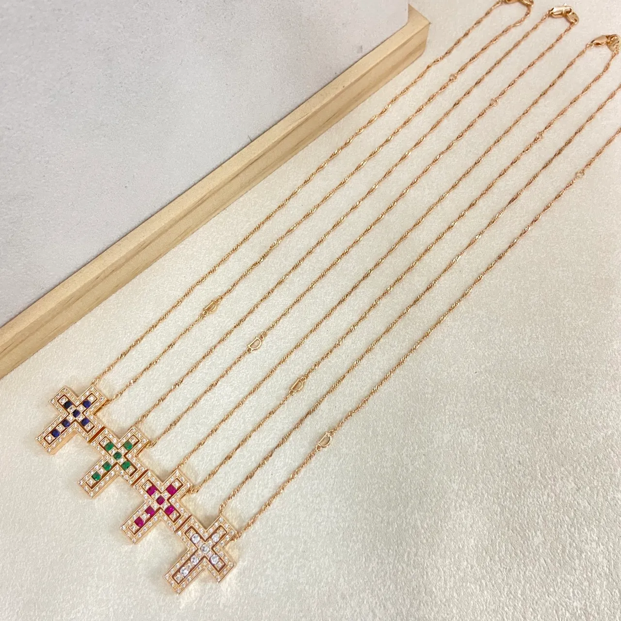 Gold Multicolor Geometric Cross Pendant Pavé-Set Gemstones Necklace