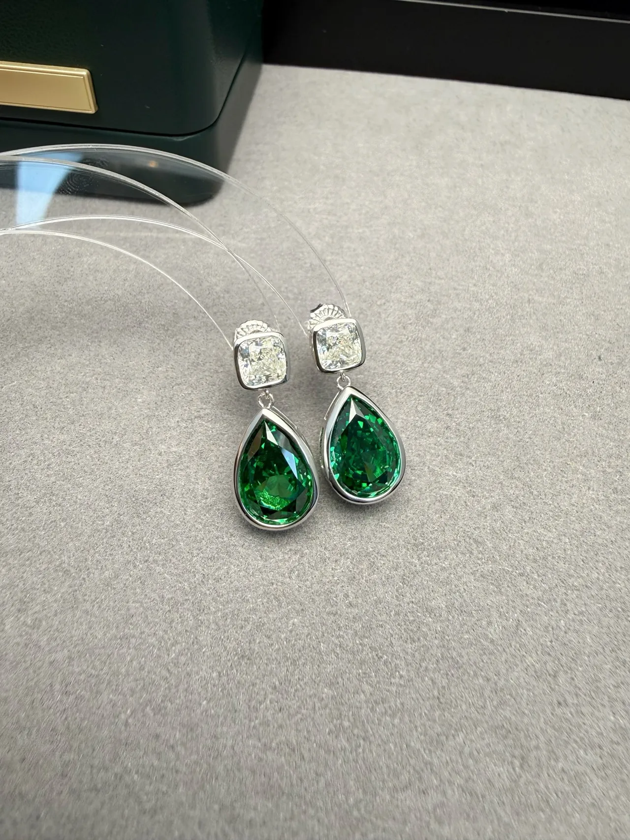 Two-Stone Teardrop Green and Clear Gem Drop Earrings
