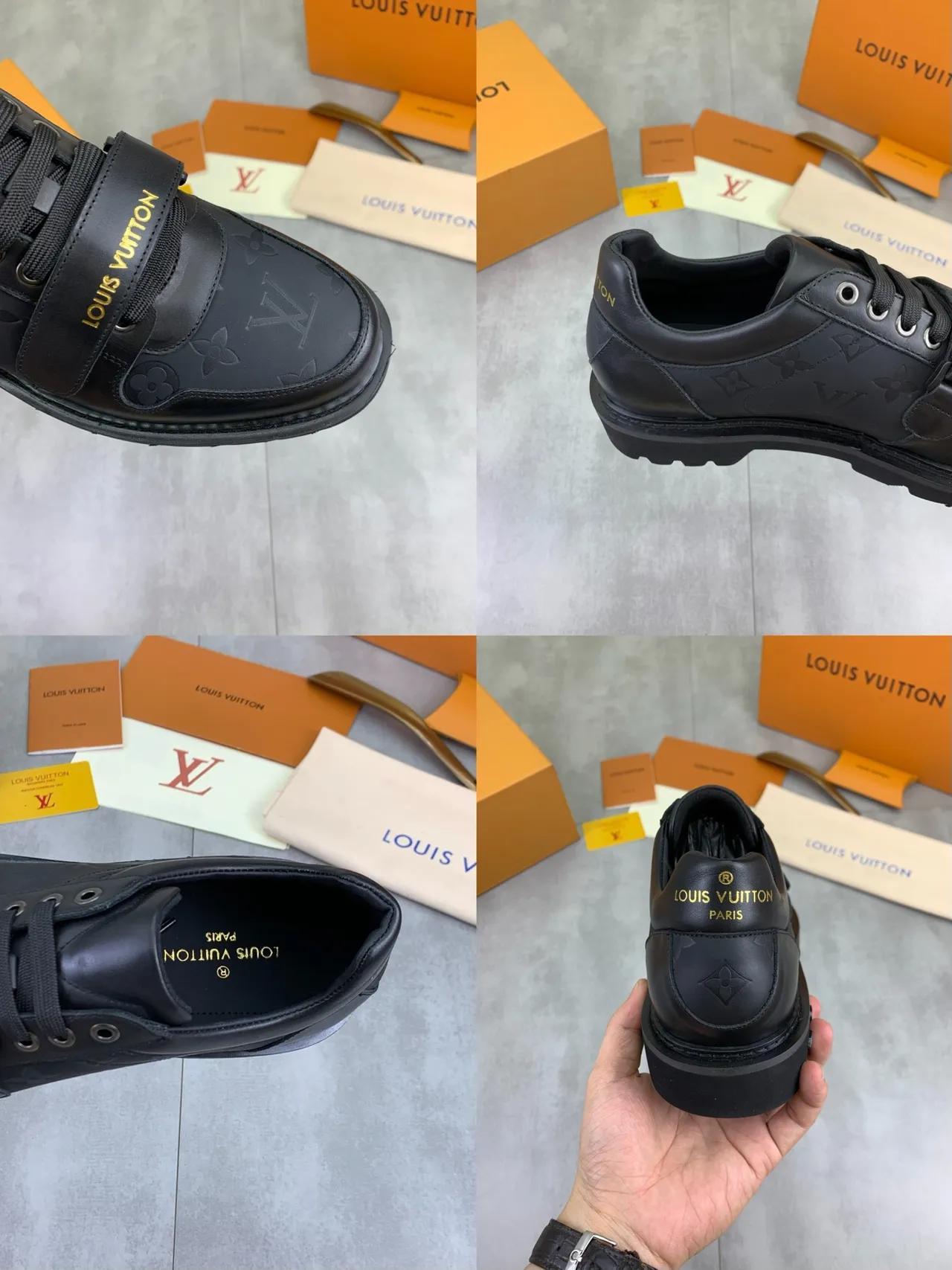 Louis Vuitton Run Away Black Gold Monogram Leather Dual-Lace And Strap Closure Casual Shoes