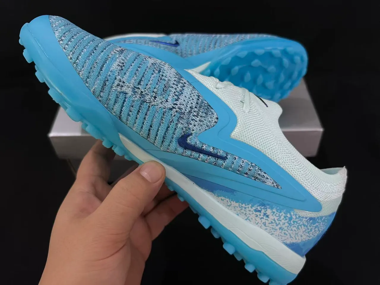 Nike Blue Purple Engineered Knit Upper TPU Cage Overlay Turf Soccer Shoes